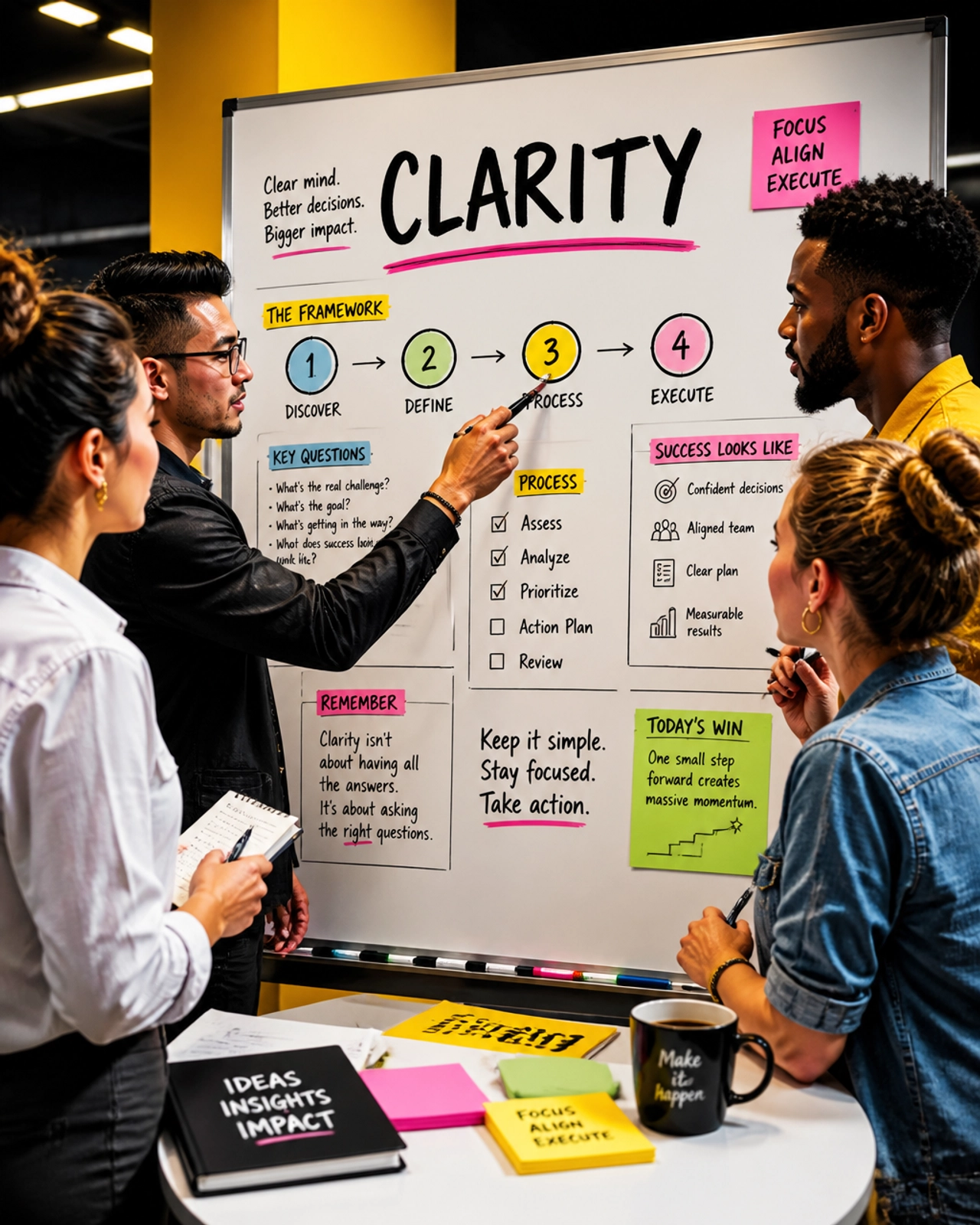 A diverse team collaborating around a vibrant whiteboard focused on operational clarity and momentum.