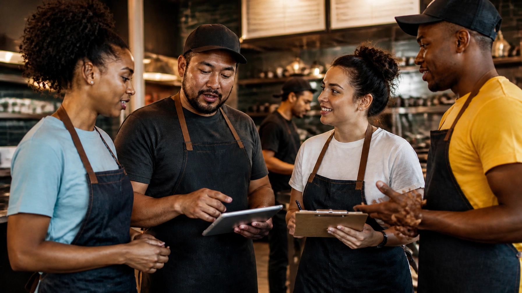 A modern, professional editorial image of diverse franchise operators discussing daily processes in a real business environment.