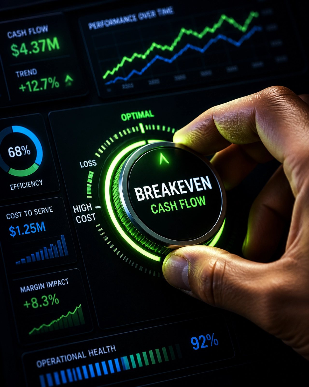 Hand adjusting a glowing neon dial for Breakeven and Cash Flow