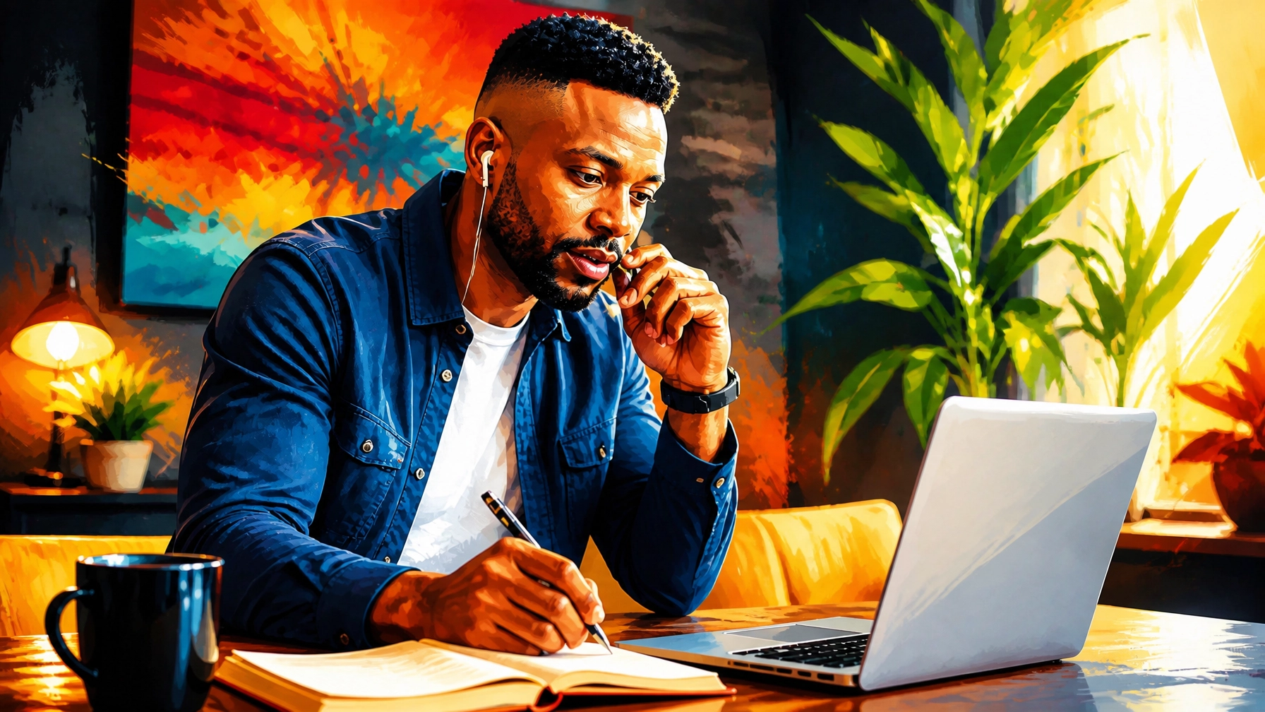 A focused Black business owner on a validation call in a vibrant, high-contrast editorial scene with playful color and premium magazine-style energy.