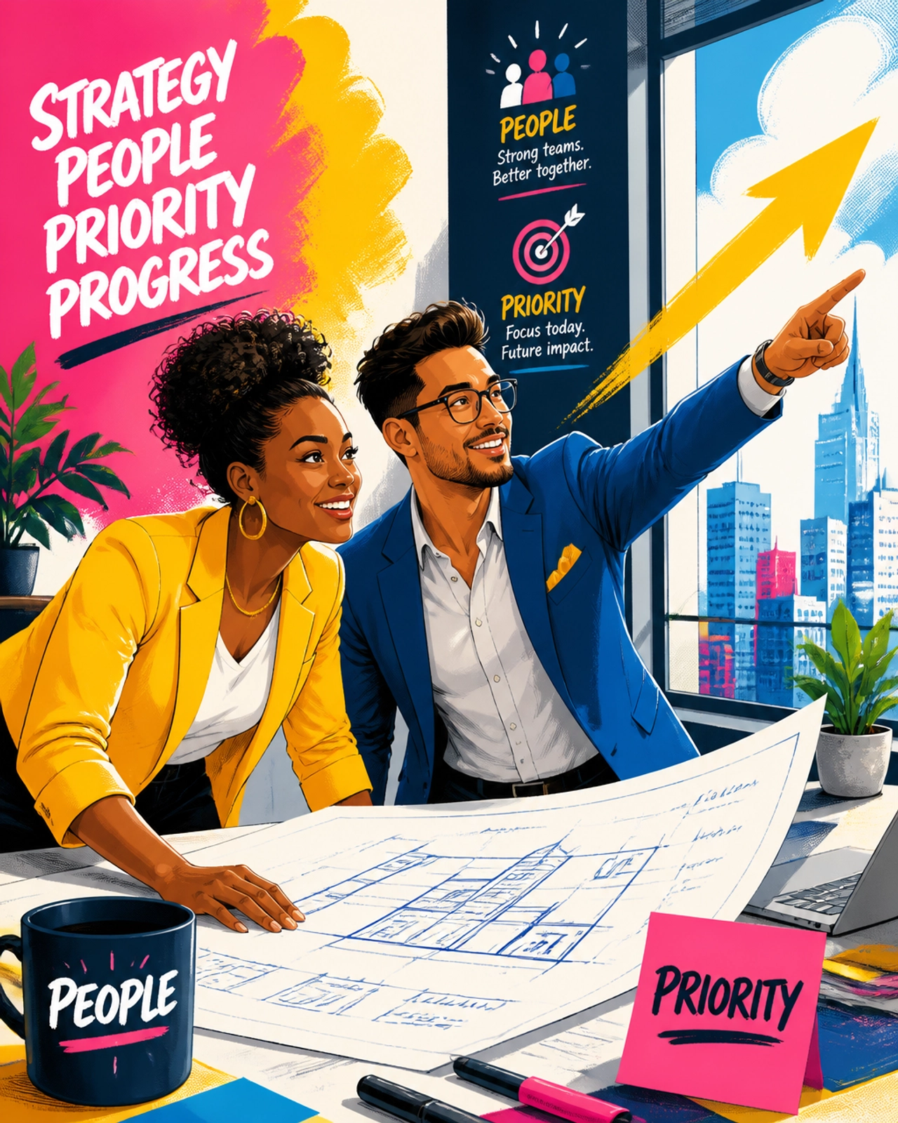 Two business partners reviewing a vibrant blueprint together