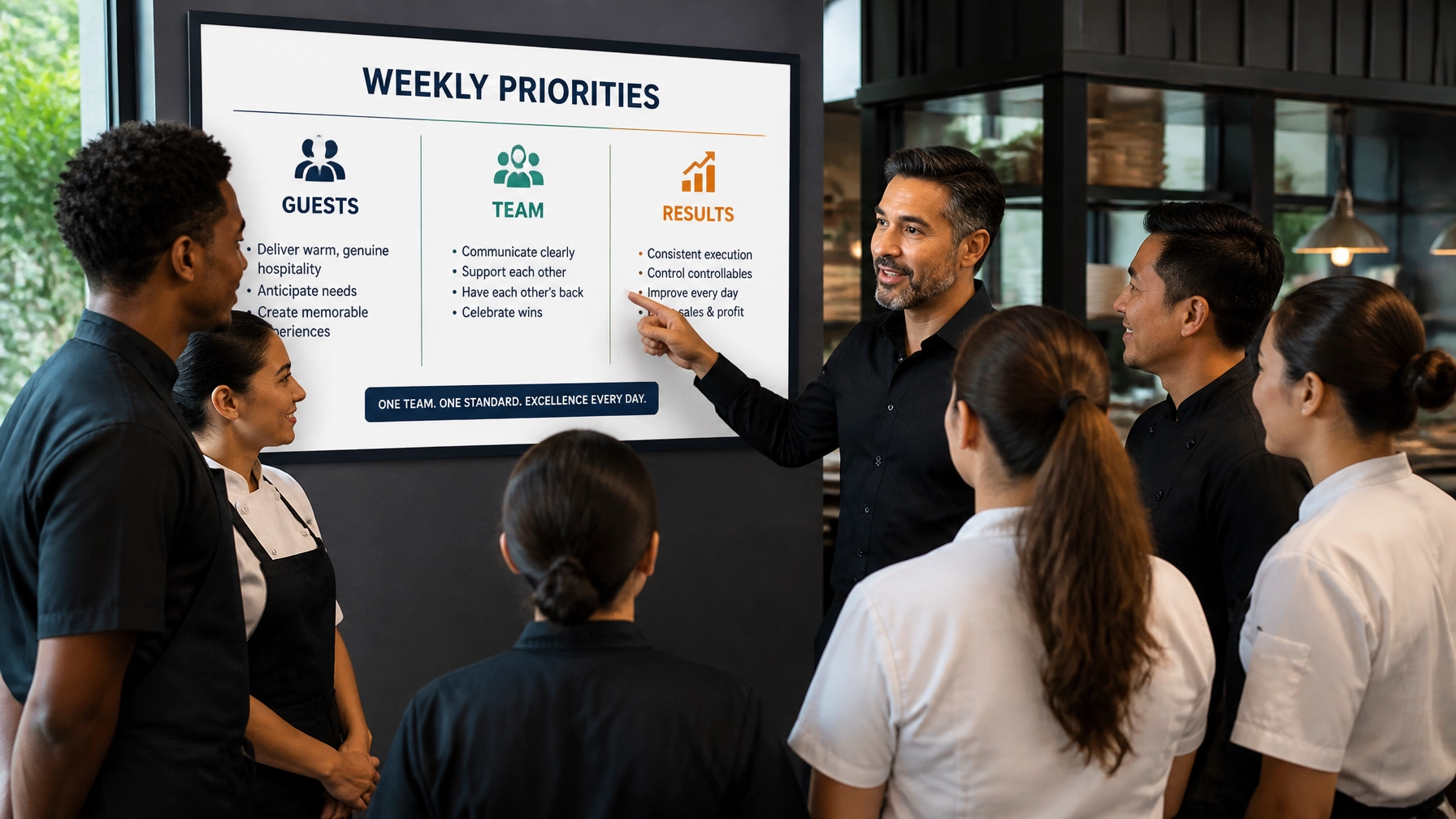 A modern editorial team huddle centered around clear weekly priorities, showing focus, momentum, and diverse leadership in action.