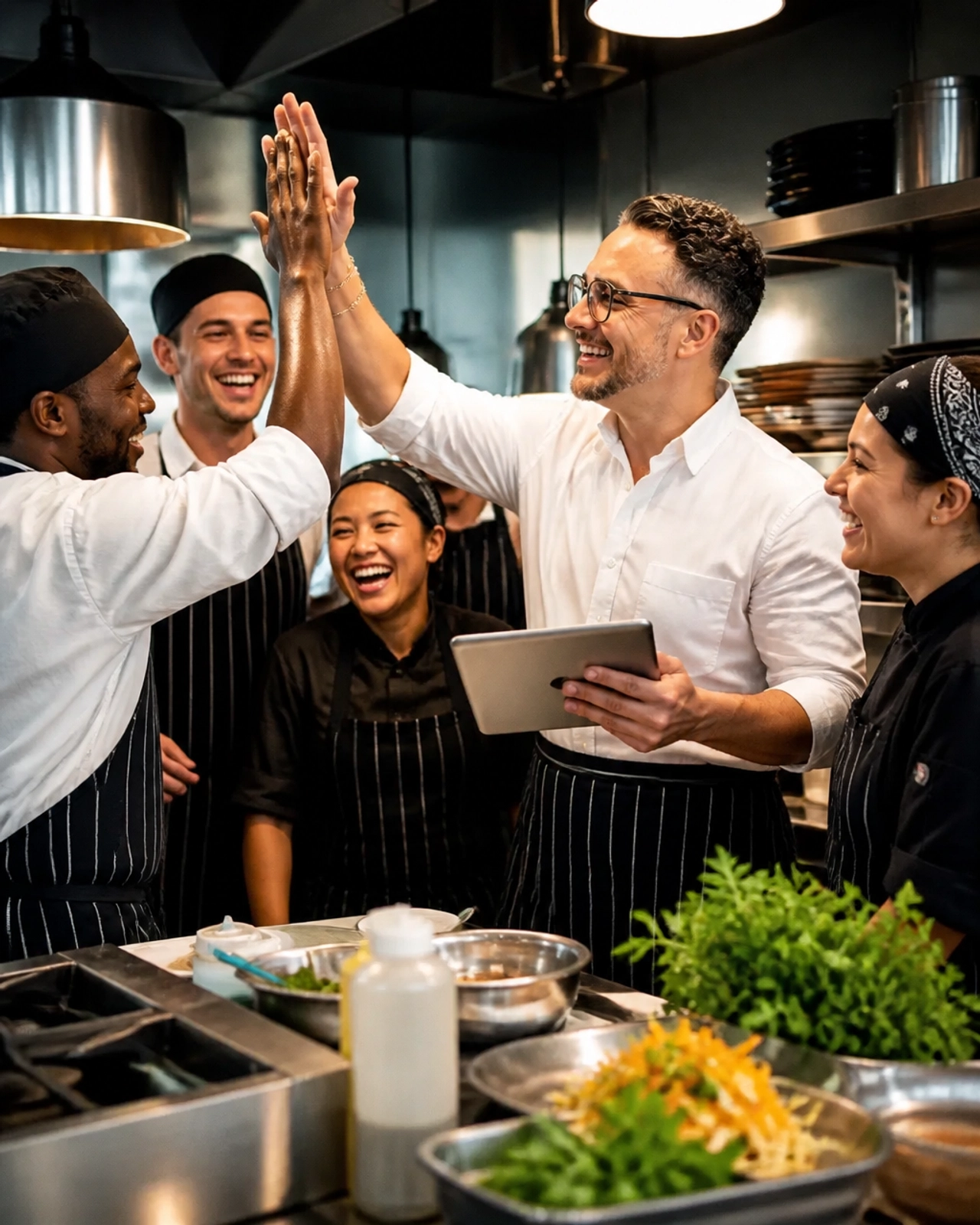 A high-energy team moment in a modern restaurant, showing the momentum of a well-executed operational playbook.