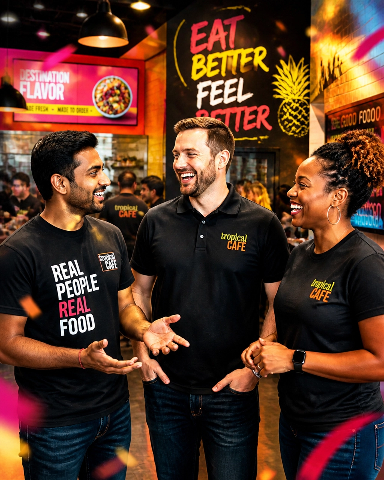 A diverse group of franchise owners, an Indian man, a White man, and a Black woman, talking and laughing together inside a vibrant retail business with bold signage, rich color, and lively movement in the background. The image feels celebratory, premium, and energetic like high-end editorial magazine art.