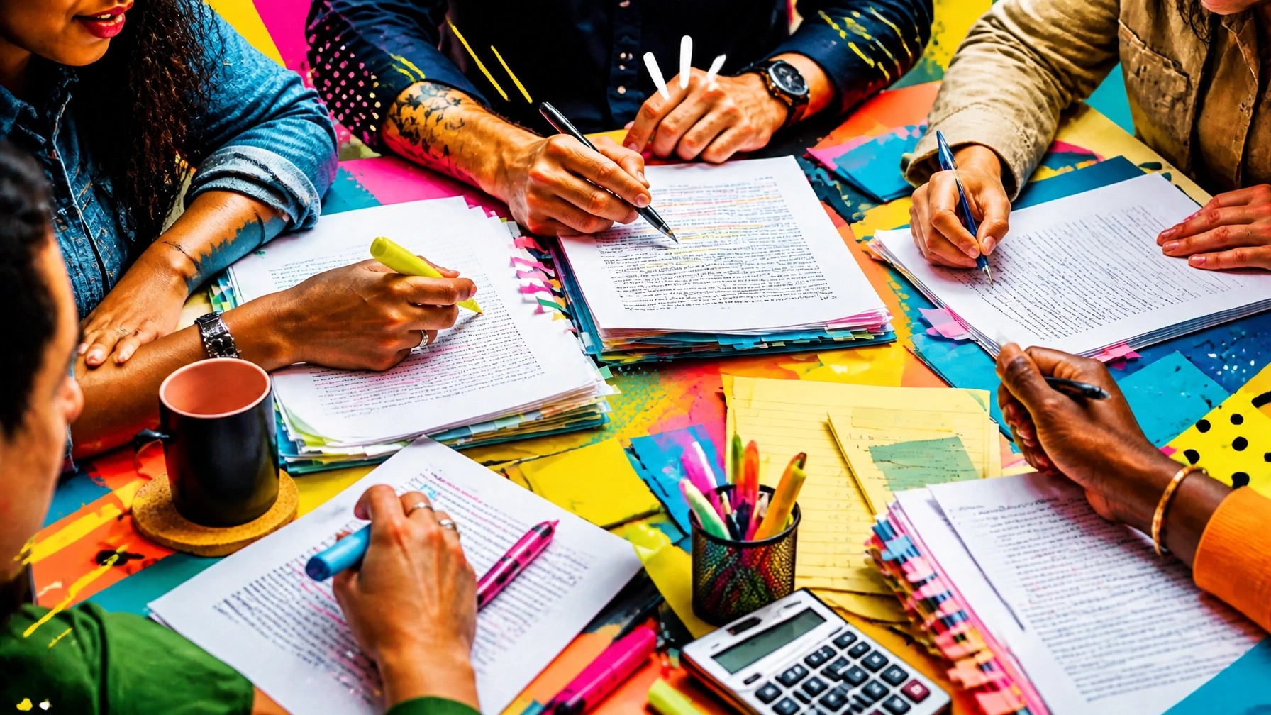 Diverse people reviewing franchise documents, colorful tabs, markers, and layered paperwork in a poppy, high-contrast editorial scene styled like energetic magazine art.