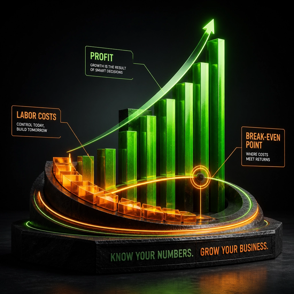 An artistic, high-contrast 3D representation of glowing financial metrics like profit, labor, and break-even points.