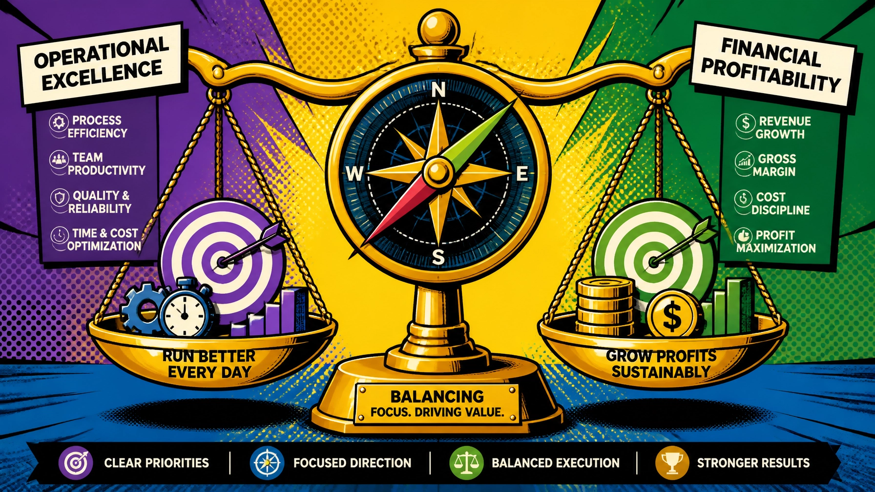 A bold editorial pop art illustration of a bright financial balancing scale with glowing directional compass needles and clear priority targets