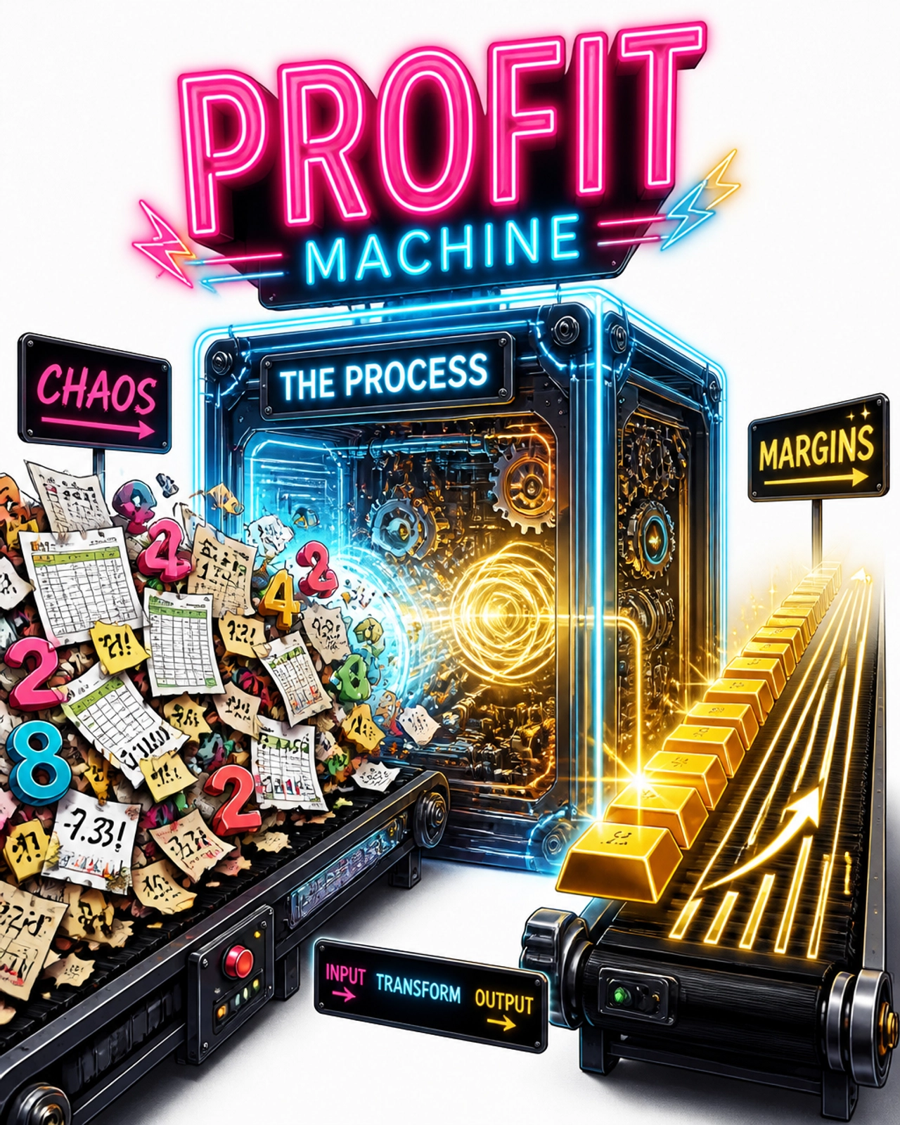 Surreal illustration of a machine turning chaotic numbers into clear gold bars