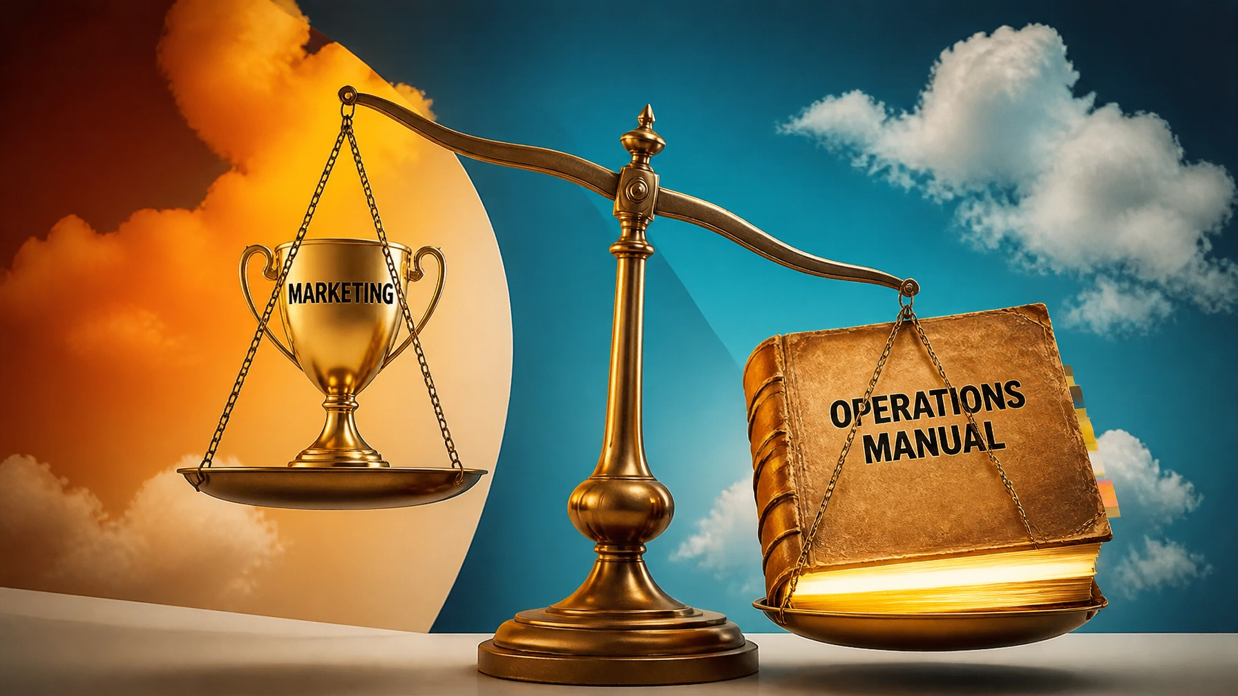 A visual metaphor showing that a strong operations manual outweighs a golden marketing trophy.