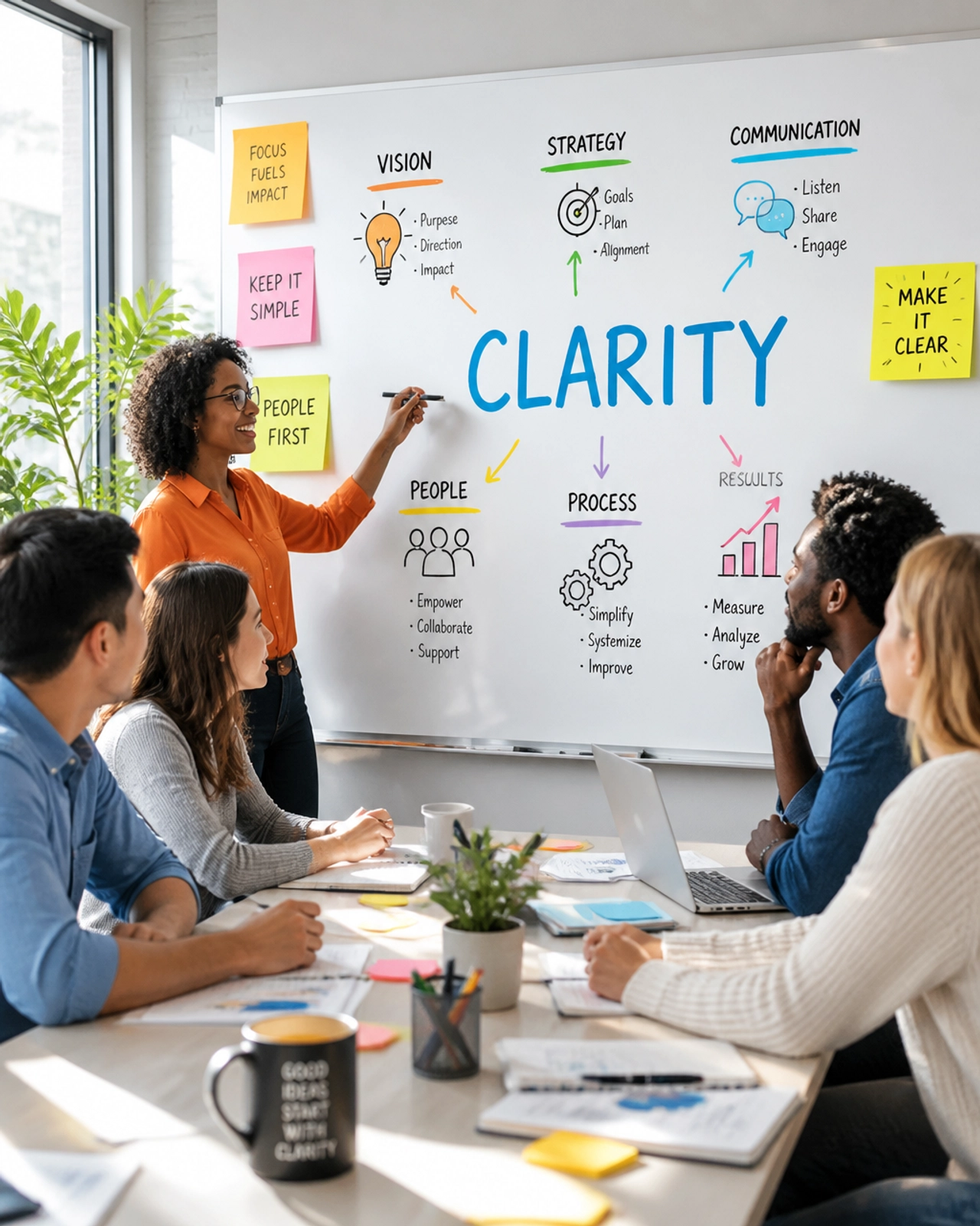 Diverse team collaborating around a whiteboard with the word CLARITY