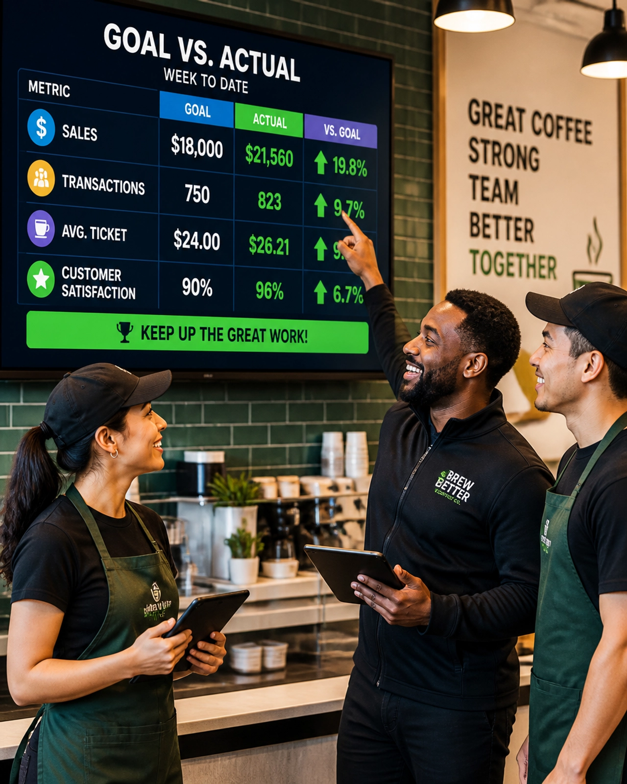 A vibrant scene of a diverse franchise team standing in front of a digital scoreboard showing Goal vs. Actual, highlighting the importance of data clarity and teamwork.