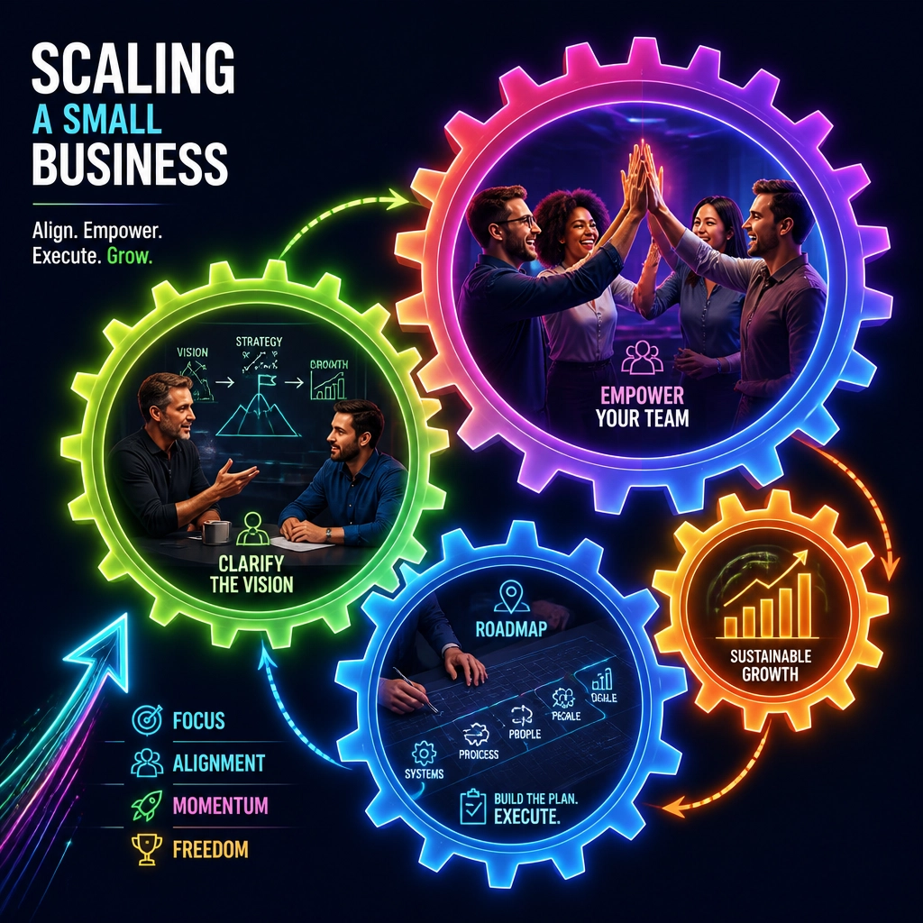 A creative metaphor for scaling a small business with neon gears showing human teamwork and coaching.