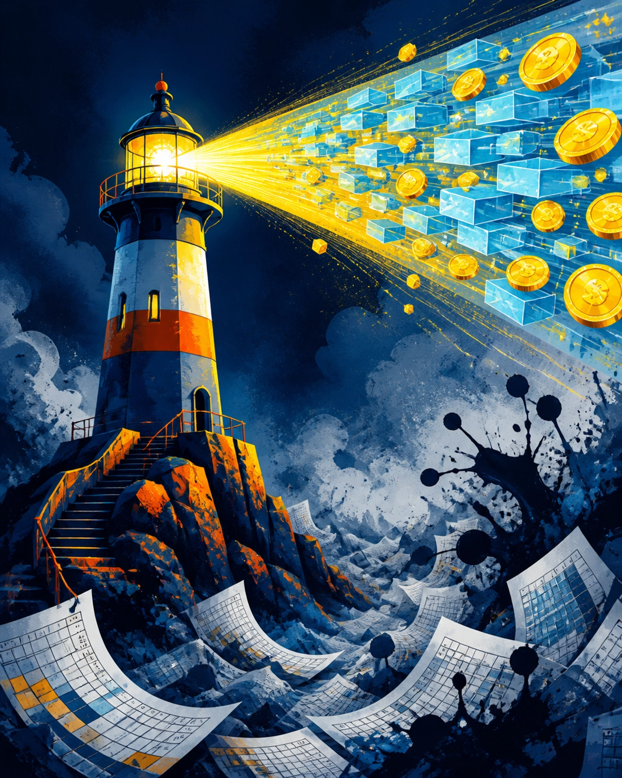 A vibrant, surrealist editorial illustration of a modern lighthouse emitting a beam of crystalline, organized data and coins, cutting through a fog of cluttered spreadsheets.