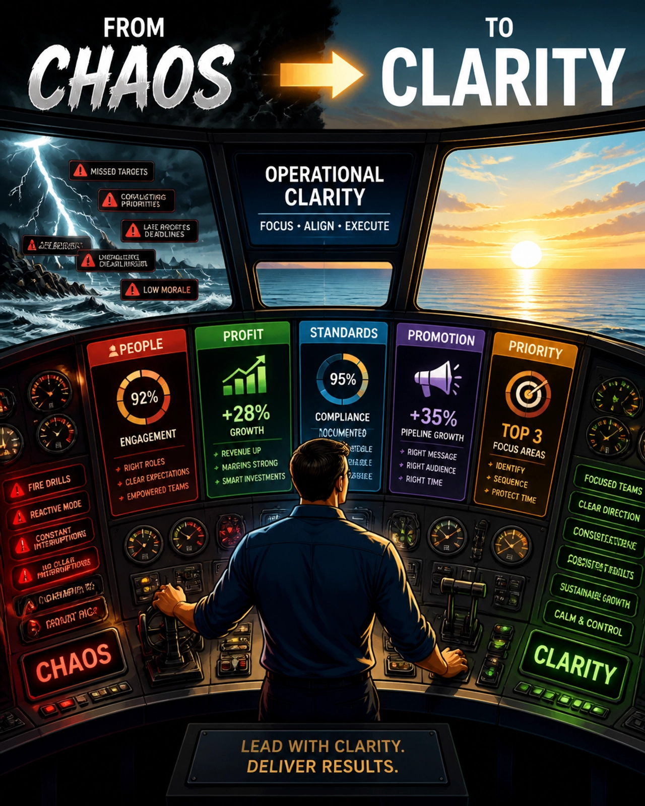 An operator managing a vibrant, complex dashboard of business metrics, representing the move from chaos to clarity.