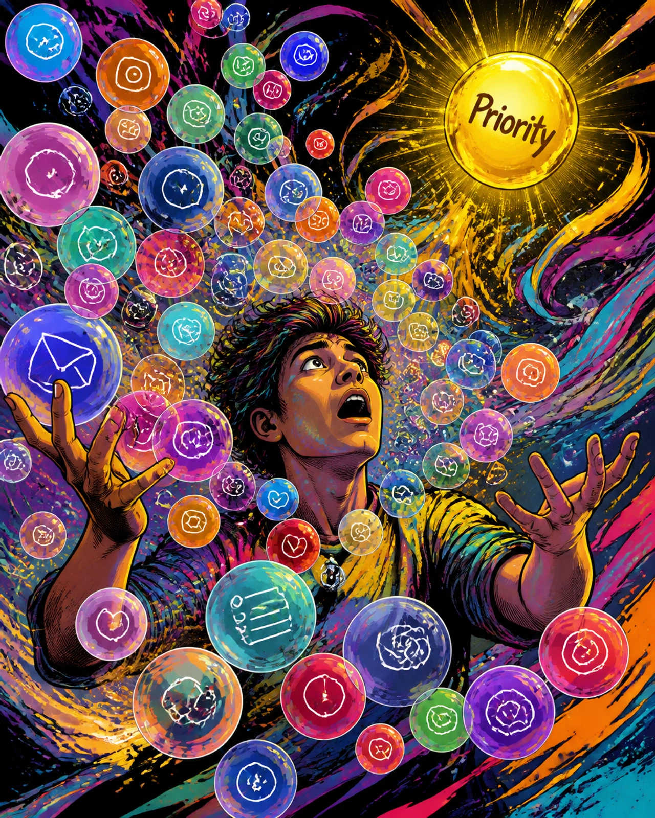 A person juggling too many glowing spheres and losing focus on the golden 'Priority'