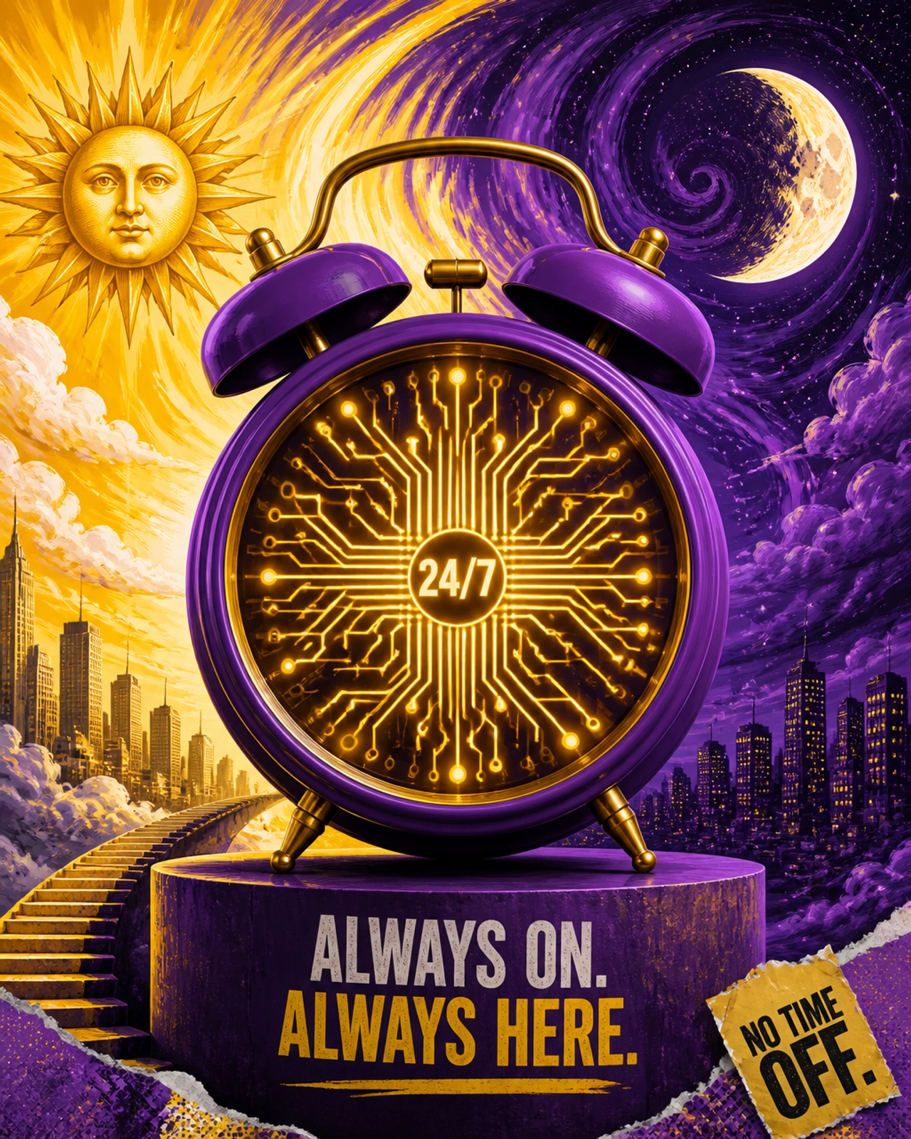 A surrealist, vibrant purple and yellow clock representing 24/7 availability through glowing circuit patterns