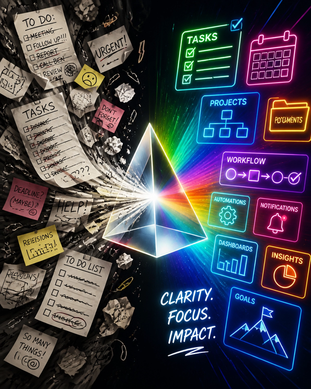 A vibrant metaphor for turning operational chaos into clarity, showing messy notes being funneled into a glowing prism and emerging as organized icons.