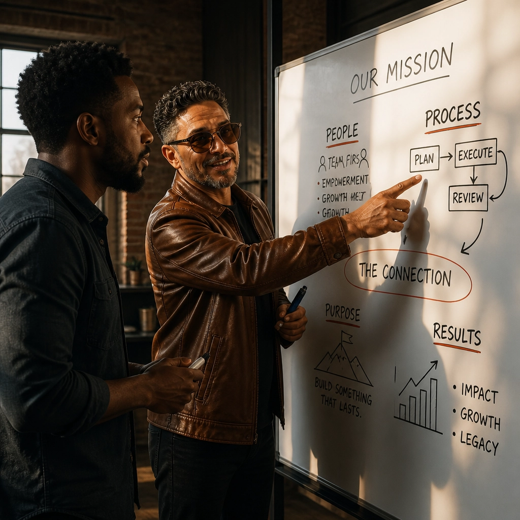 Candid editorial photo of two business partners in a high-energy discussion over a whiteboard, representing the connection between People and Process.