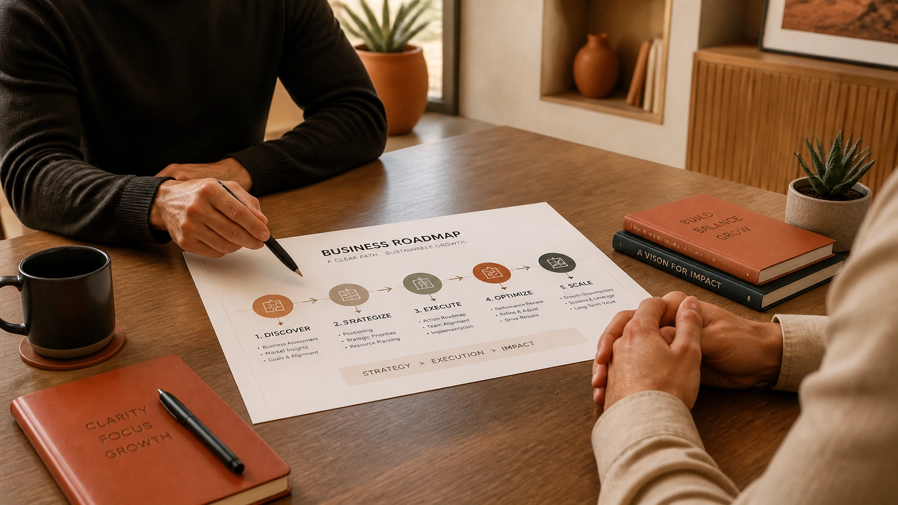An anonymous advisor and client discussing a business roadmap, emphasizing the professional guidance El Jefe Enterprises provides.
