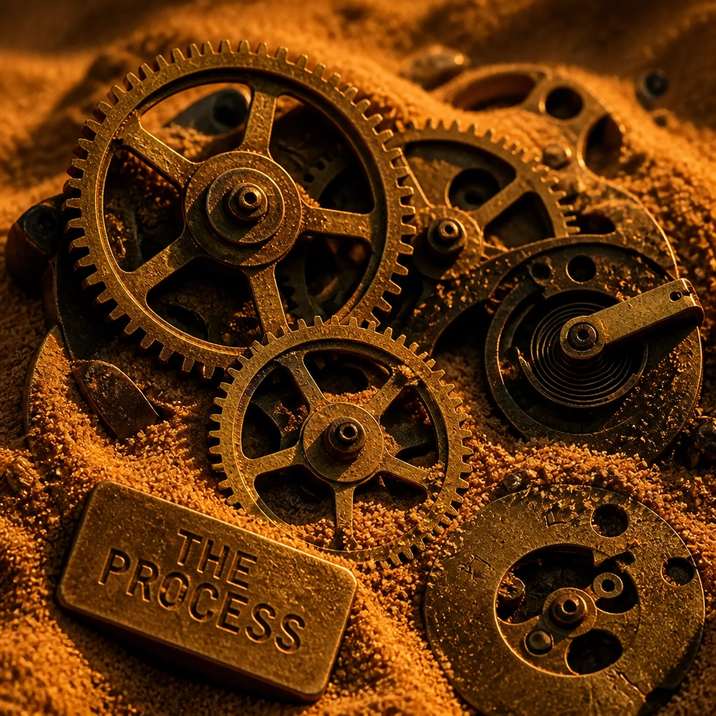Macro editorial photograph of mechanical gears partially buried in desert sand, representing the Process pillar and getting the inner workings of a business into the light.