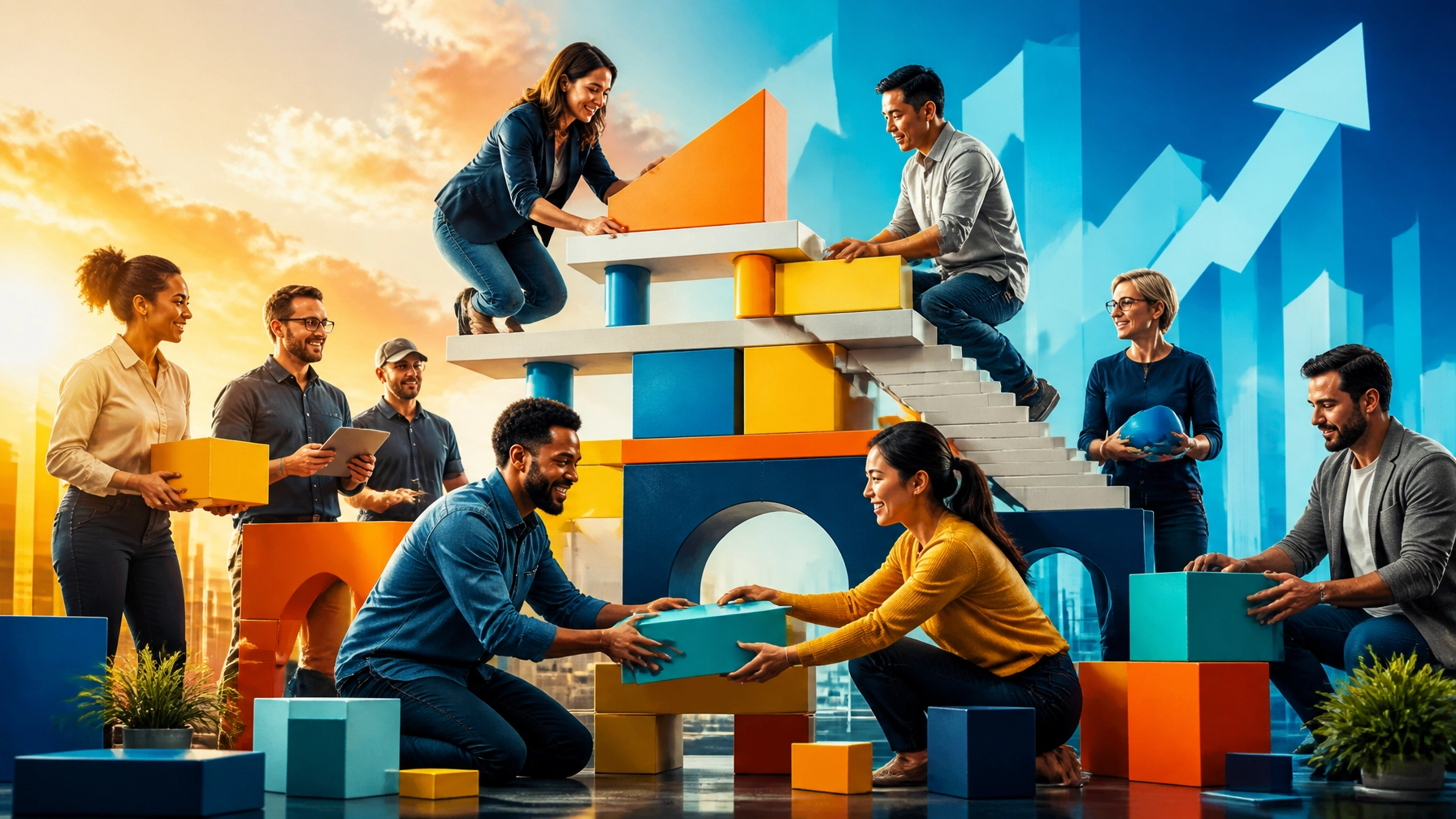 A high-end energetic magazine-style image showing diverse franchisor and franchisee partners building a business framework together through systems, training, support, and collaboration with a playful bold structural metaphor.