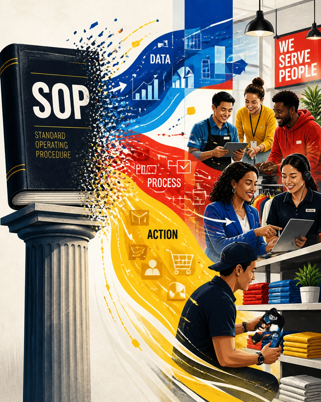 An editorial illustration showing a heavy SOP manual dissolving into flowing streams of action and data, representing the transition from static documentation to a living system.
