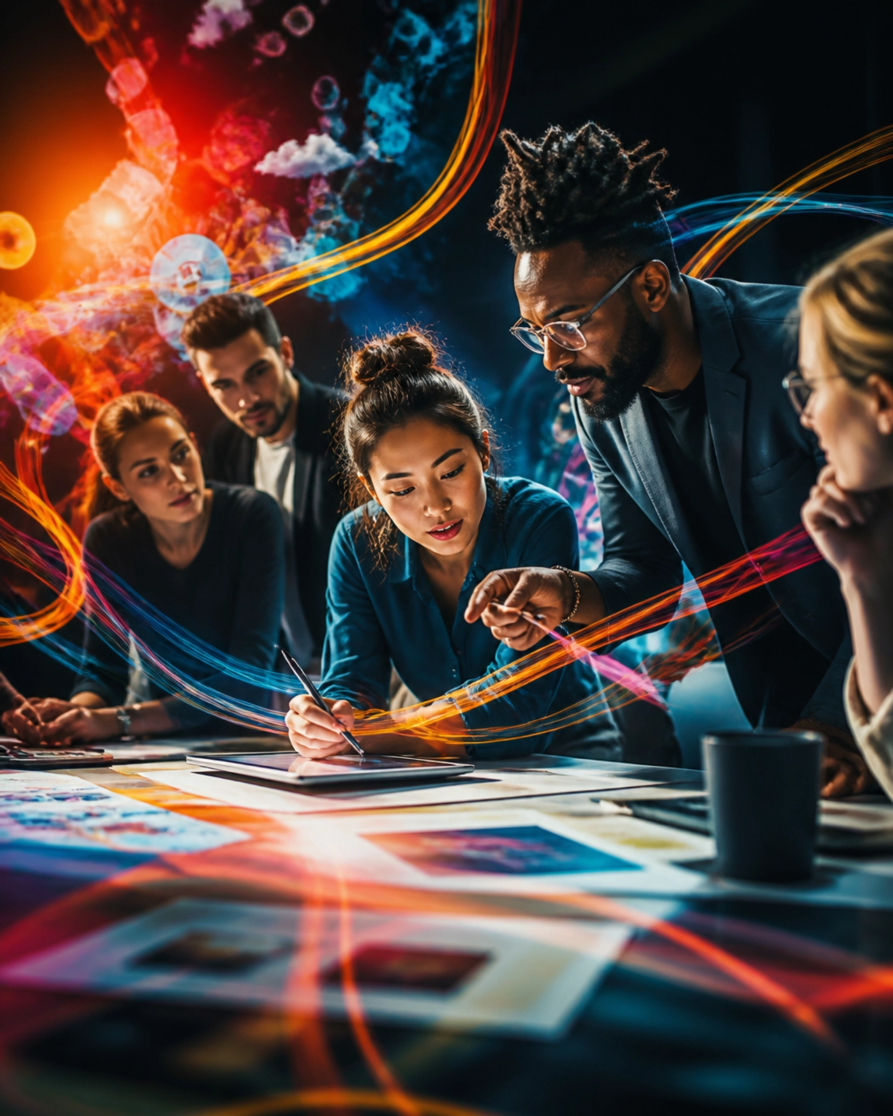 A diverse team collaborating with surreal light streaks representing ideas and momentum