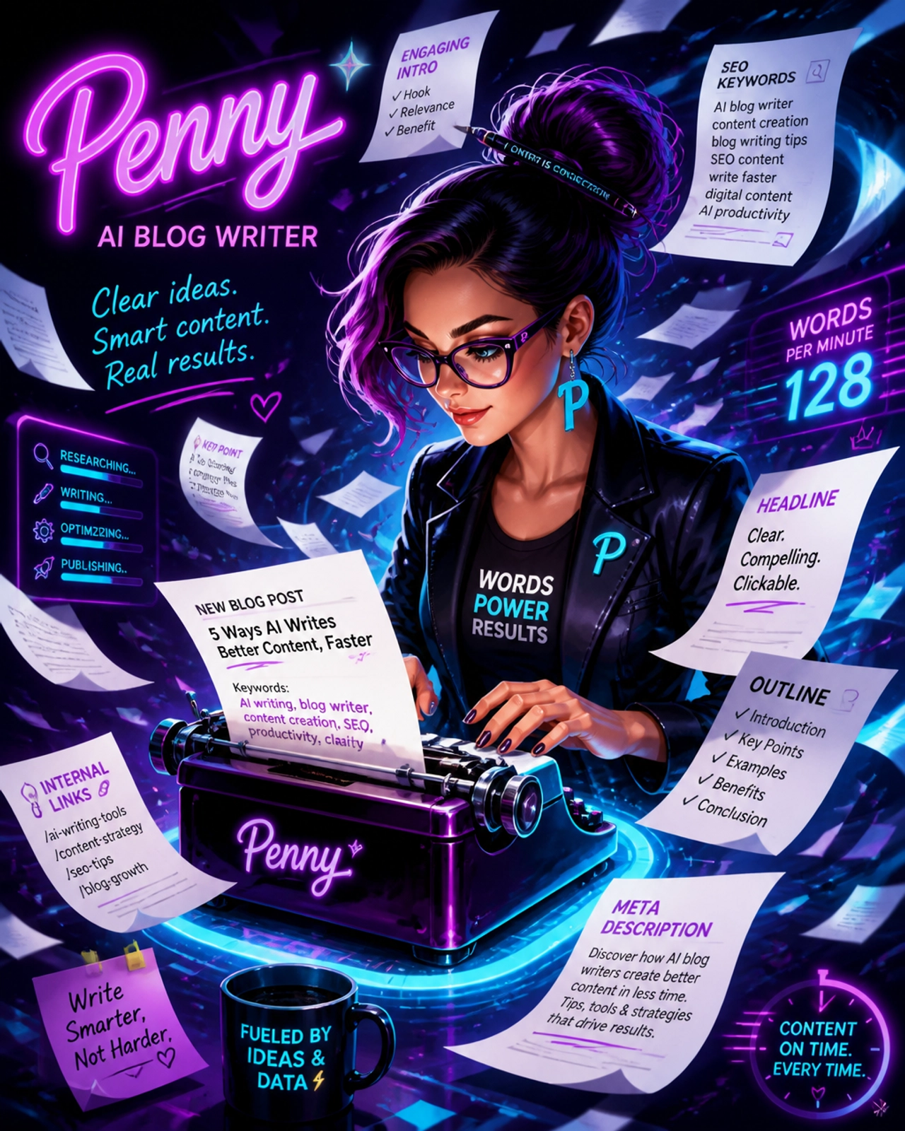 A high-energy illustration of Penny (AI Blog Writer) at a floating typewriter creating clear headings and SEO keywords.