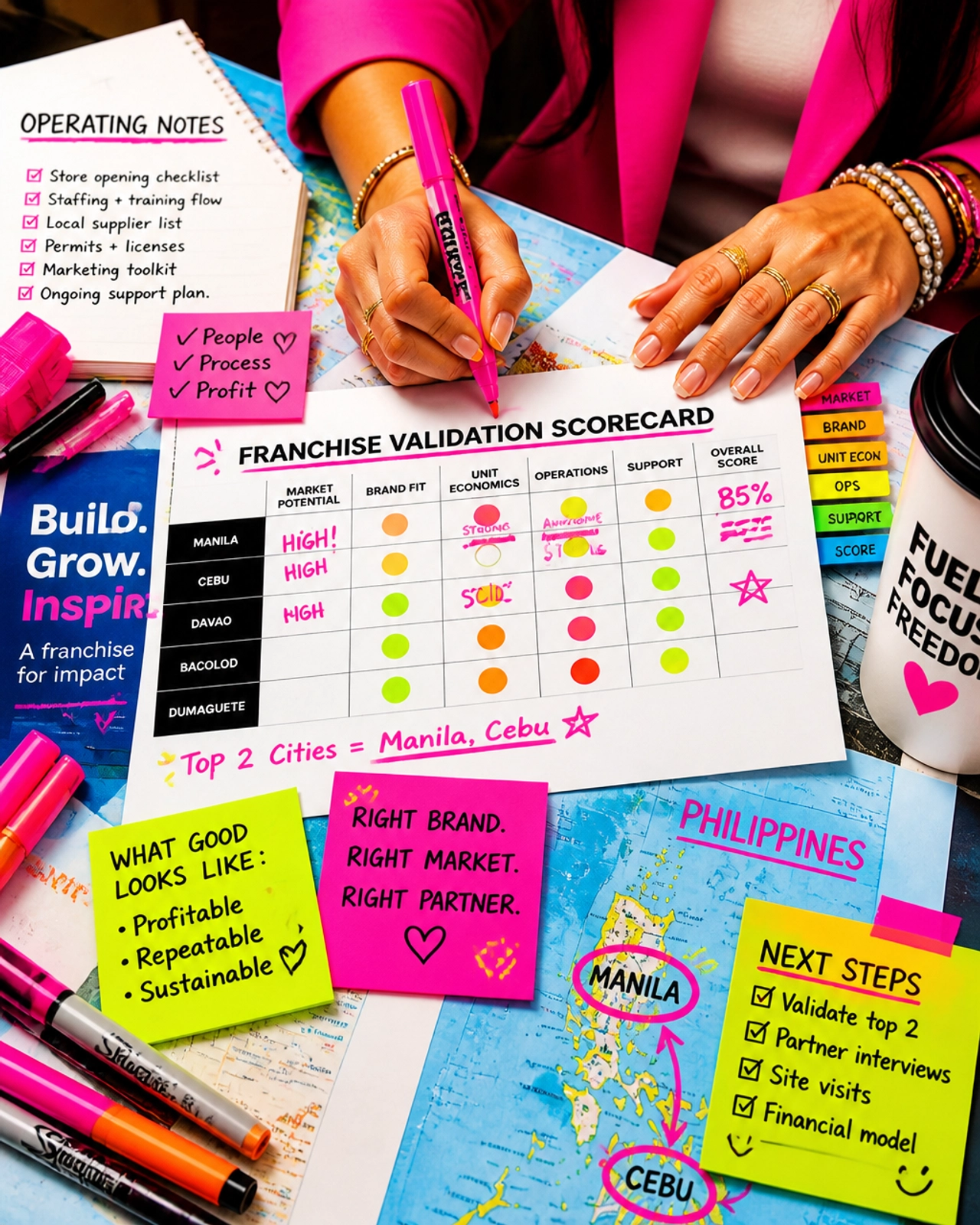 Close-up of diverse female hands with an Asian skin tone using bright neon markers and bold sticky tabs to organize a franchise validation scorecard, maps, and operating notes on a vibrant tabletop. The image is playful, high-contrast, and polished like premium editorial magazine art.