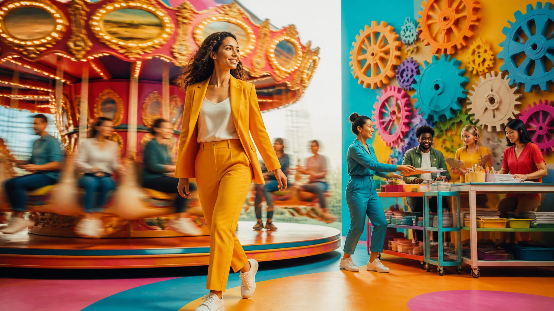 A high-end energetic magazine-style image showing a diverse business owner stepping off urgent daily chaos while a capable team keeps the operation moving smoothly