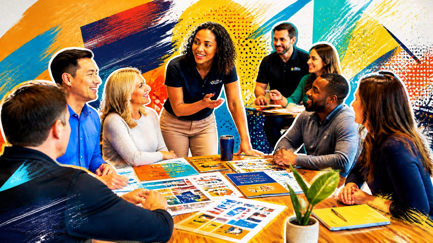 Diverse franchise leadership and support teams meeting with candidates in a vibrant, high-contrast editorial scene with layered scorecards, bold colors, and lively magazine-style energy.