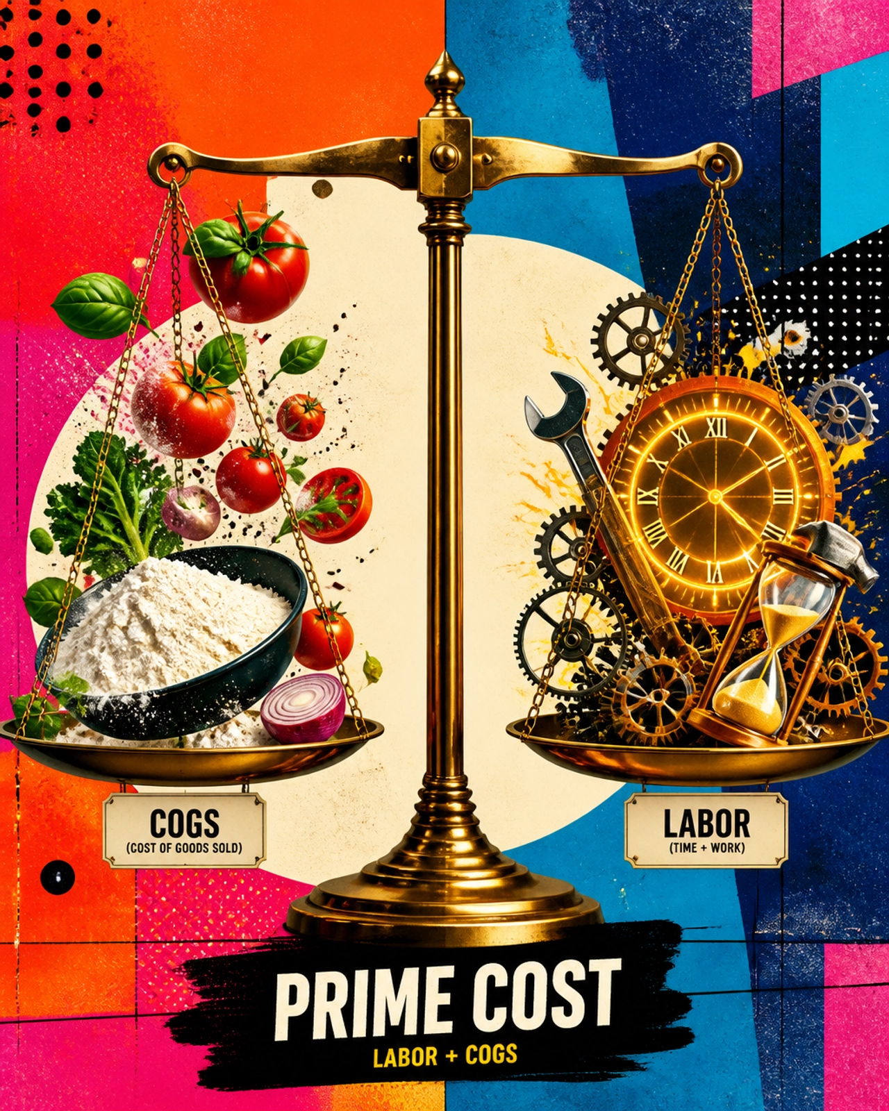 Vibrant editorial illustration of a scale balancing fresh ingredients and labor symbols