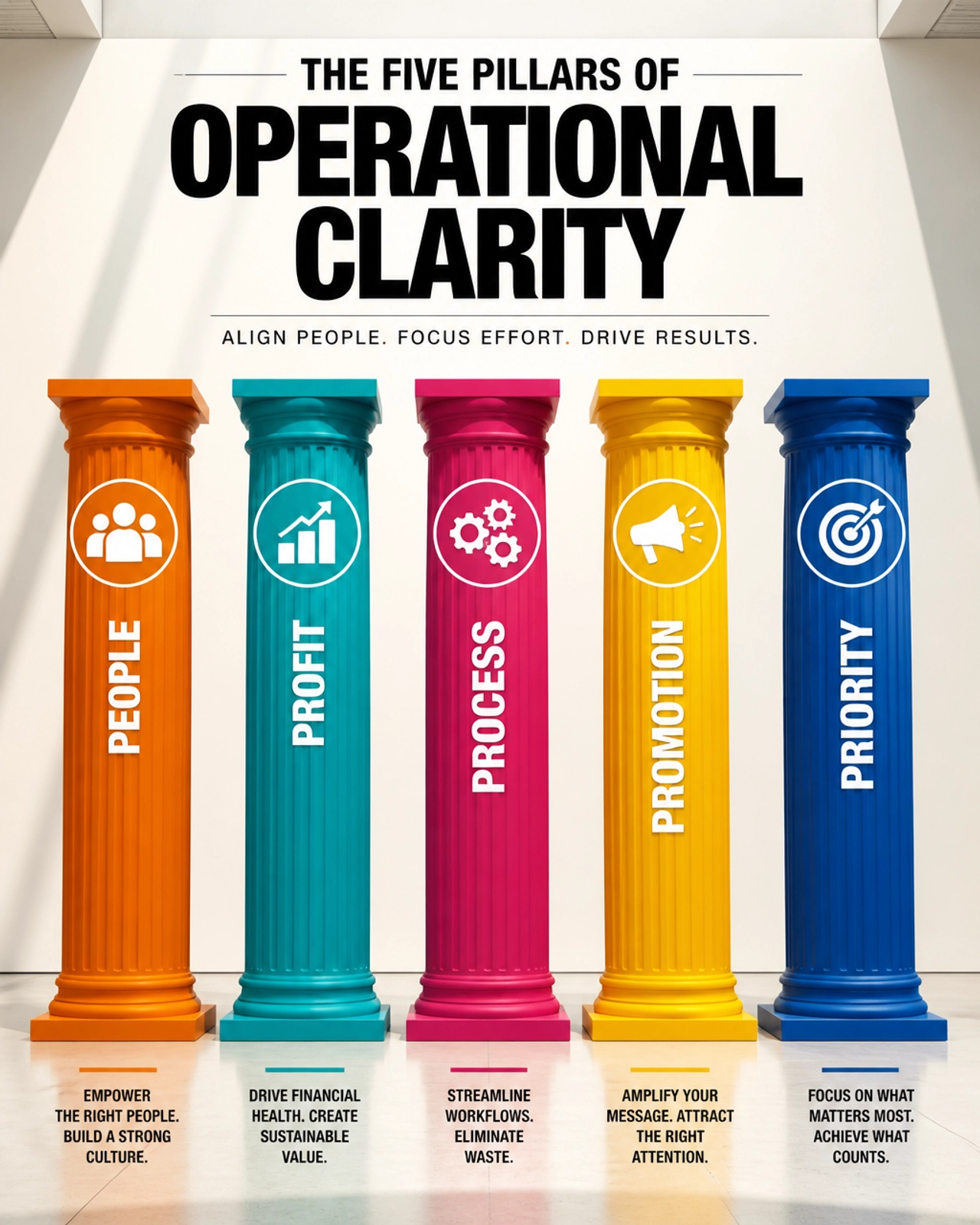 An architectural graphic representing The Five Pillars of Operational Clarity: People, Profit, Process, Promotion, and Priority.