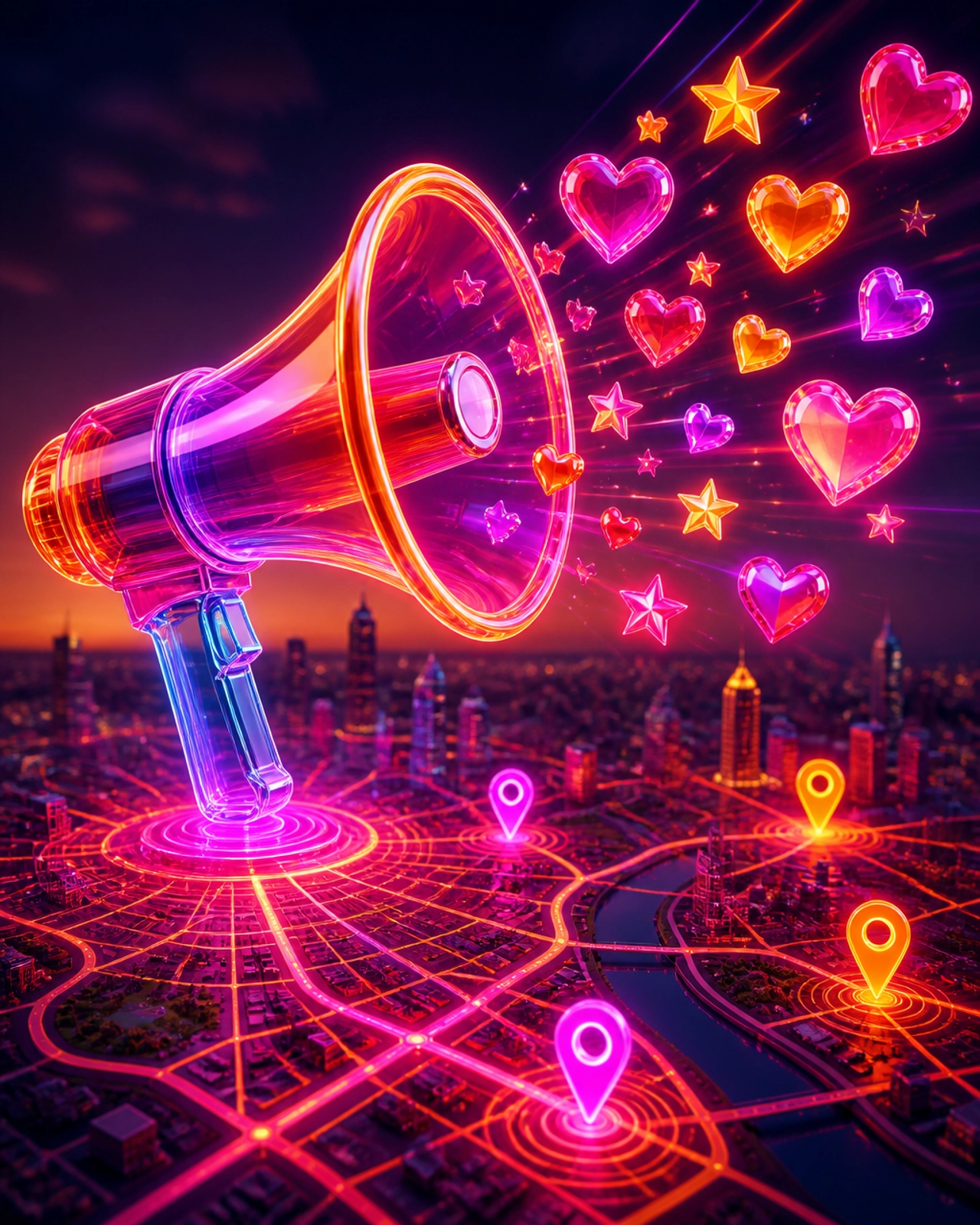 Neon megaphone broadcasting icons over a vibrant city map