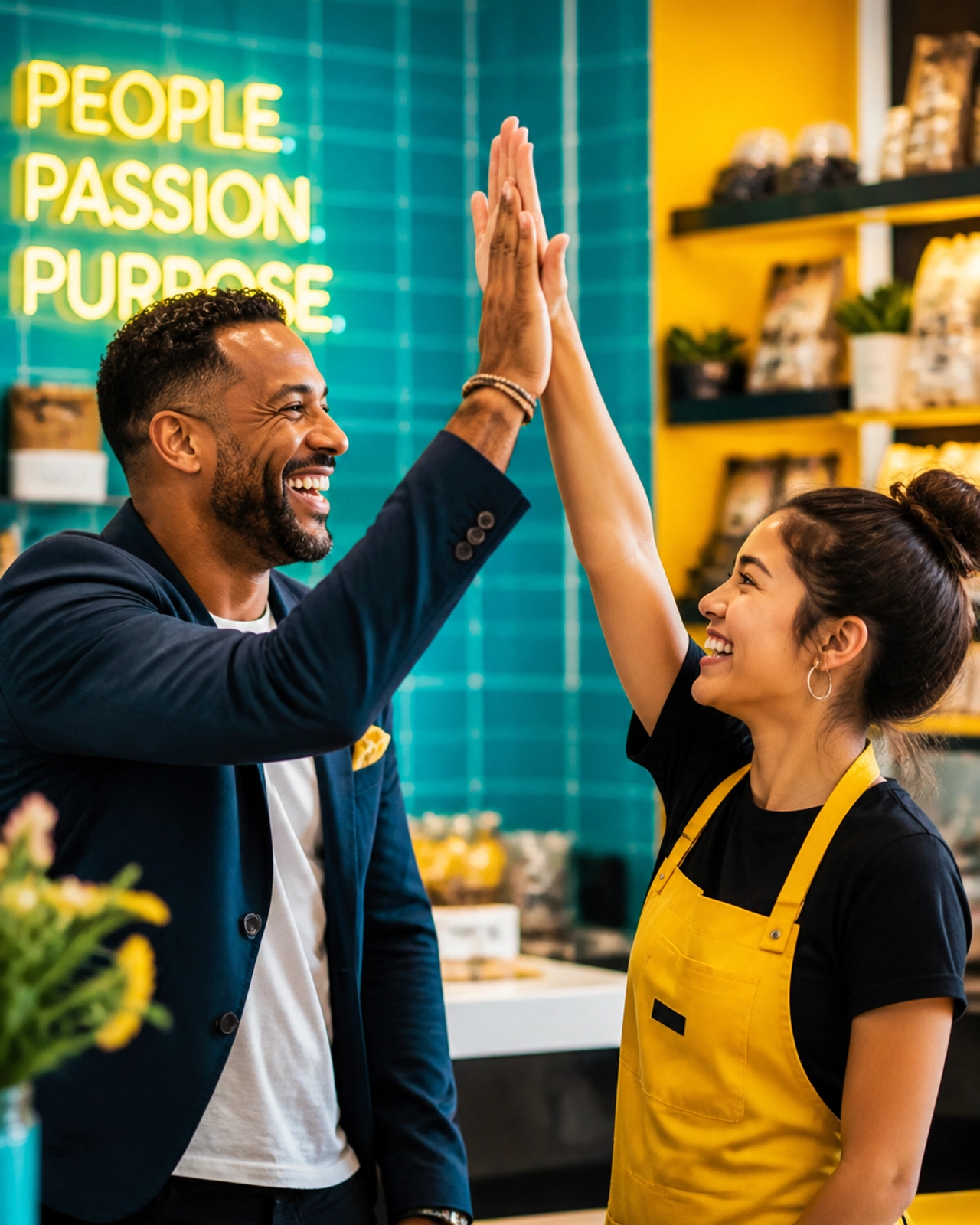 A mentor and employee sharing an energetic coaching moment, representing strong leadership and connection.