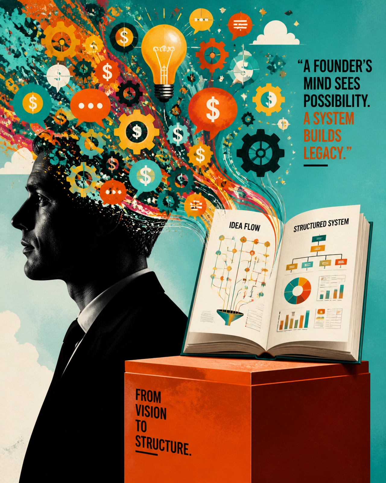A surrealist editorial image showing a founder's thoughts being organized into a structured business playbook.