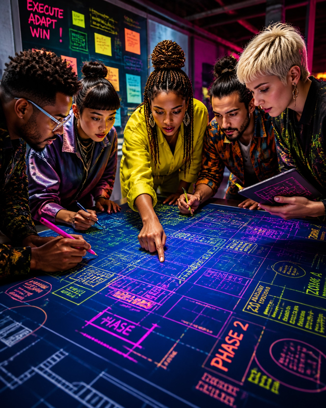 A vibrant, energetic team huddle over a neon blueprint, capturing momentum and collaboration.
