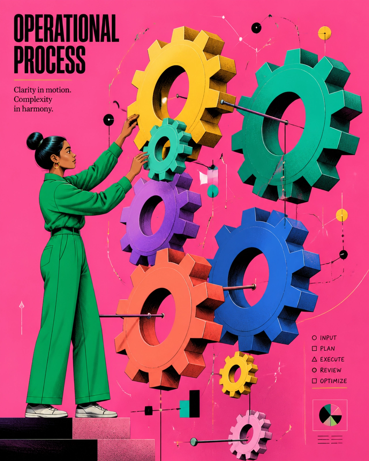 A poppy, energetic editorial illustration of a person adjusting massive, colorful gears representing operational processes.