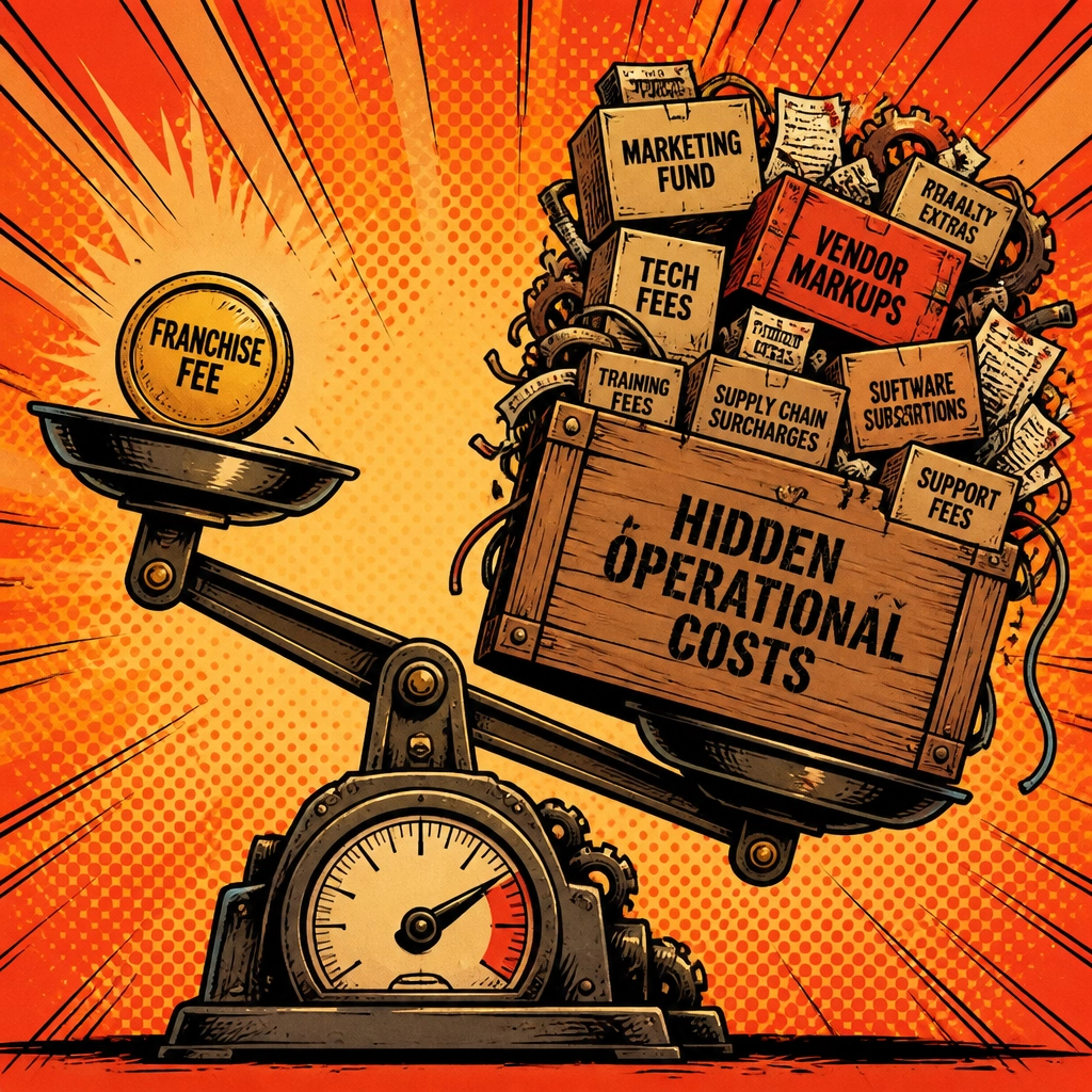 Poppy comic-book style illustration of a scale balancing a small franchise fee against a massive pile of hidden operational costs.