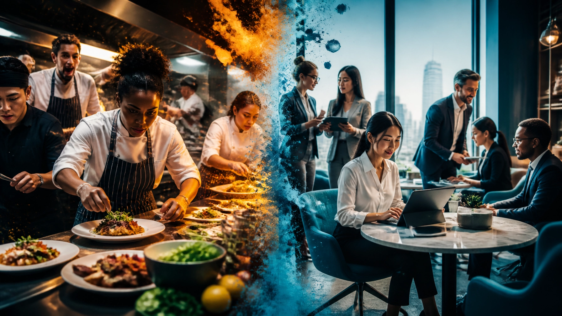 A high-end energetic magazine-style image contrasting a high-intensity food-service operation with a service-based executive model, showing through a bold playful split-scene metaphor how the business model shapes the owner’s actual day-to-day role.
