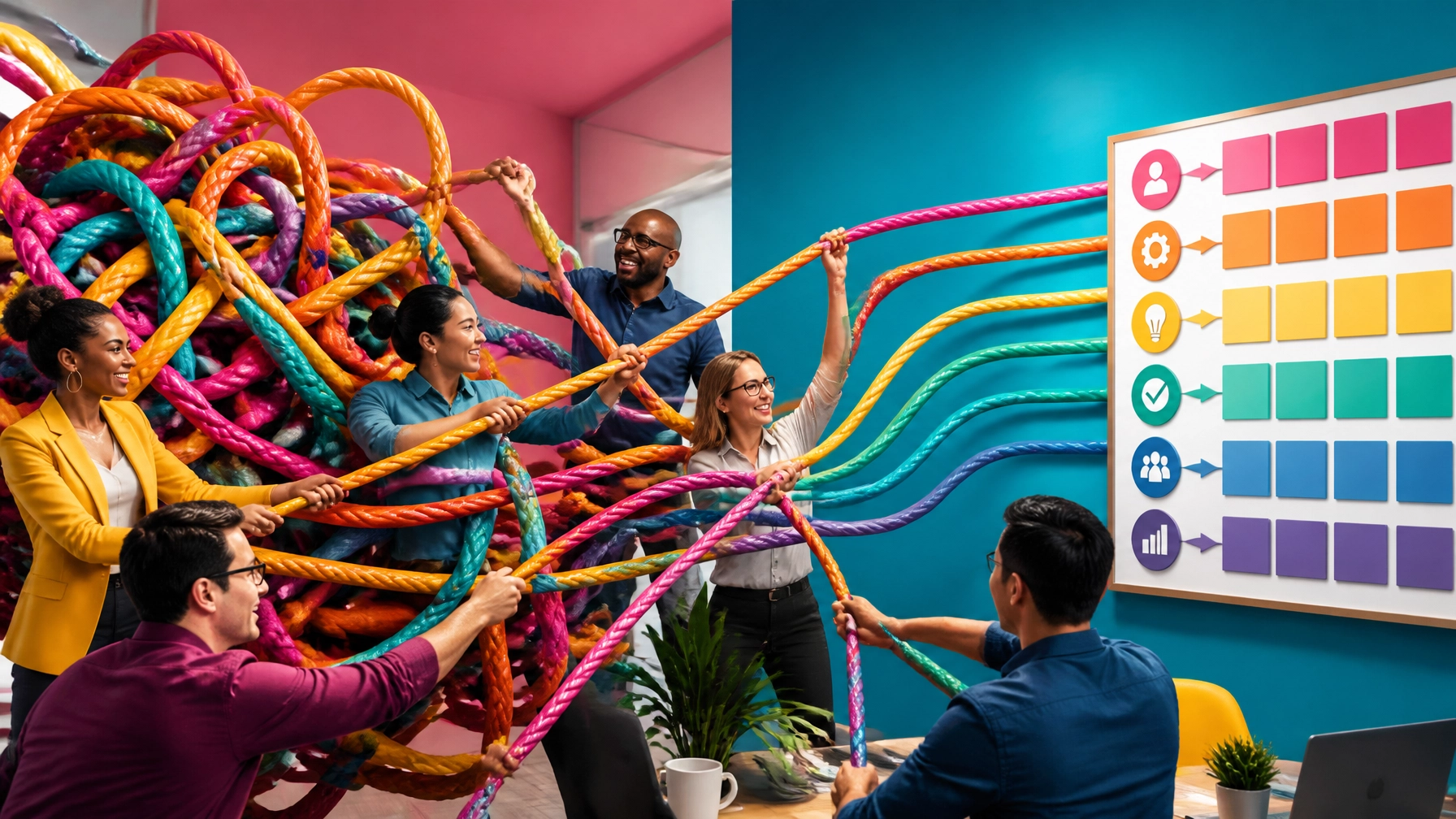 A high-end energetic magazine-style image showing a diverse team turning a colorful operational tangle into a clearer, more organized workflow