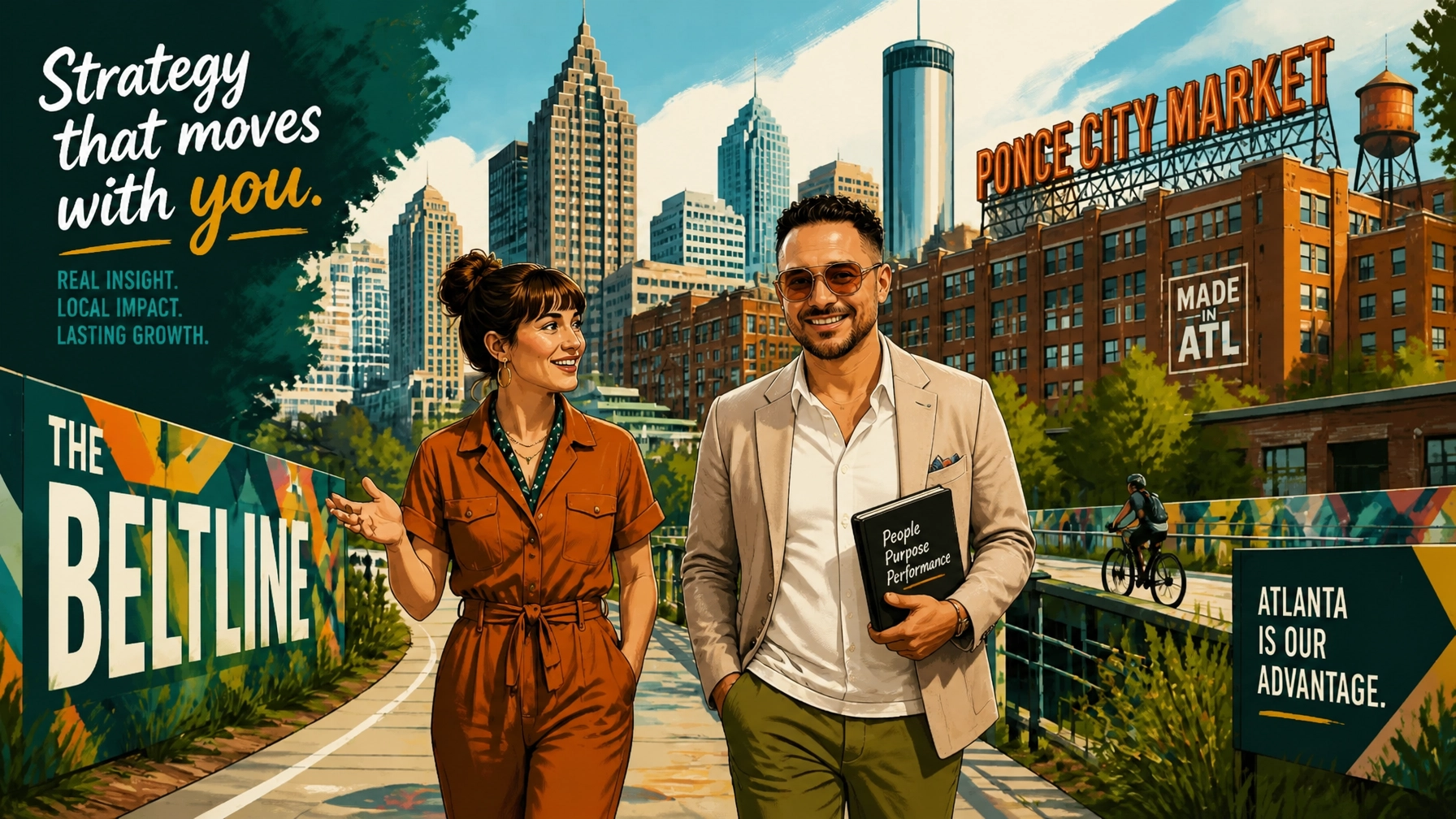 Atlanta community editorial visual featuring Johnny Tellez in a local neighborhood setting, vibrant and simplified, focused on community-minded business development.