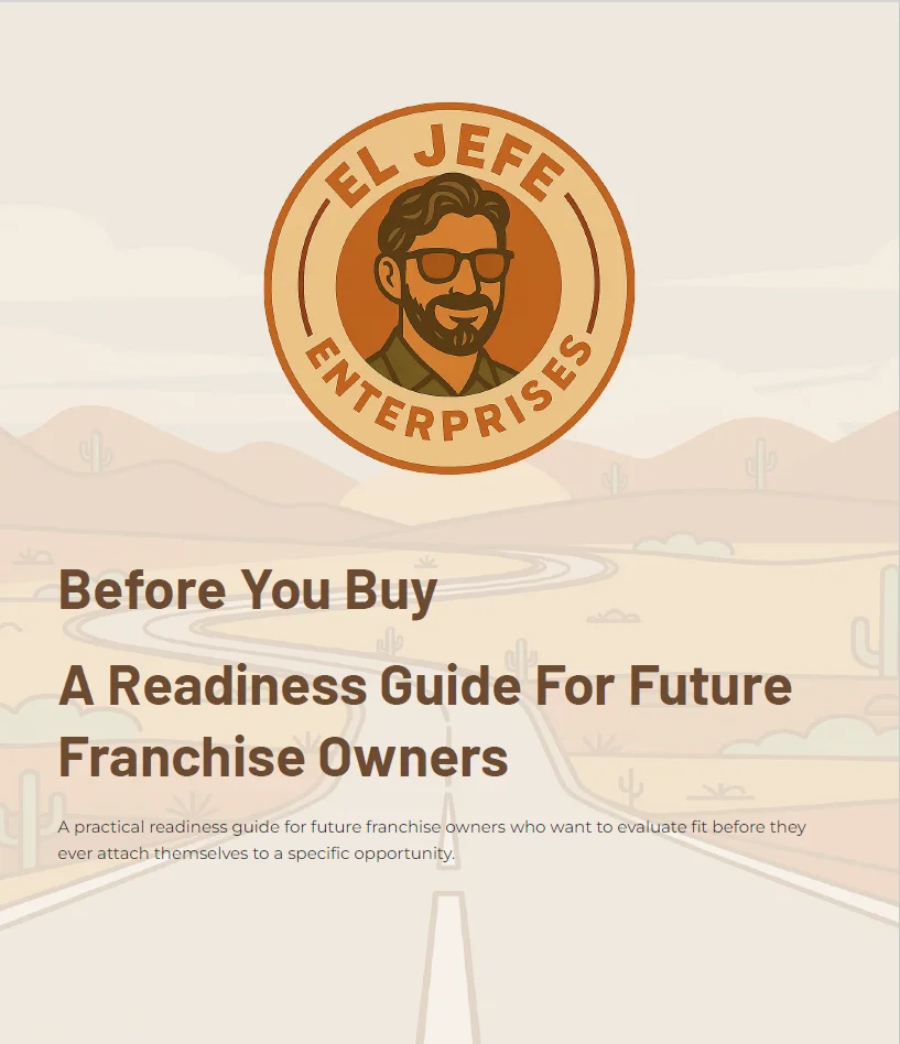 Cover page for the 'Before You Buy' readiness guide for future franchise owners by El Jefe Enterprises.