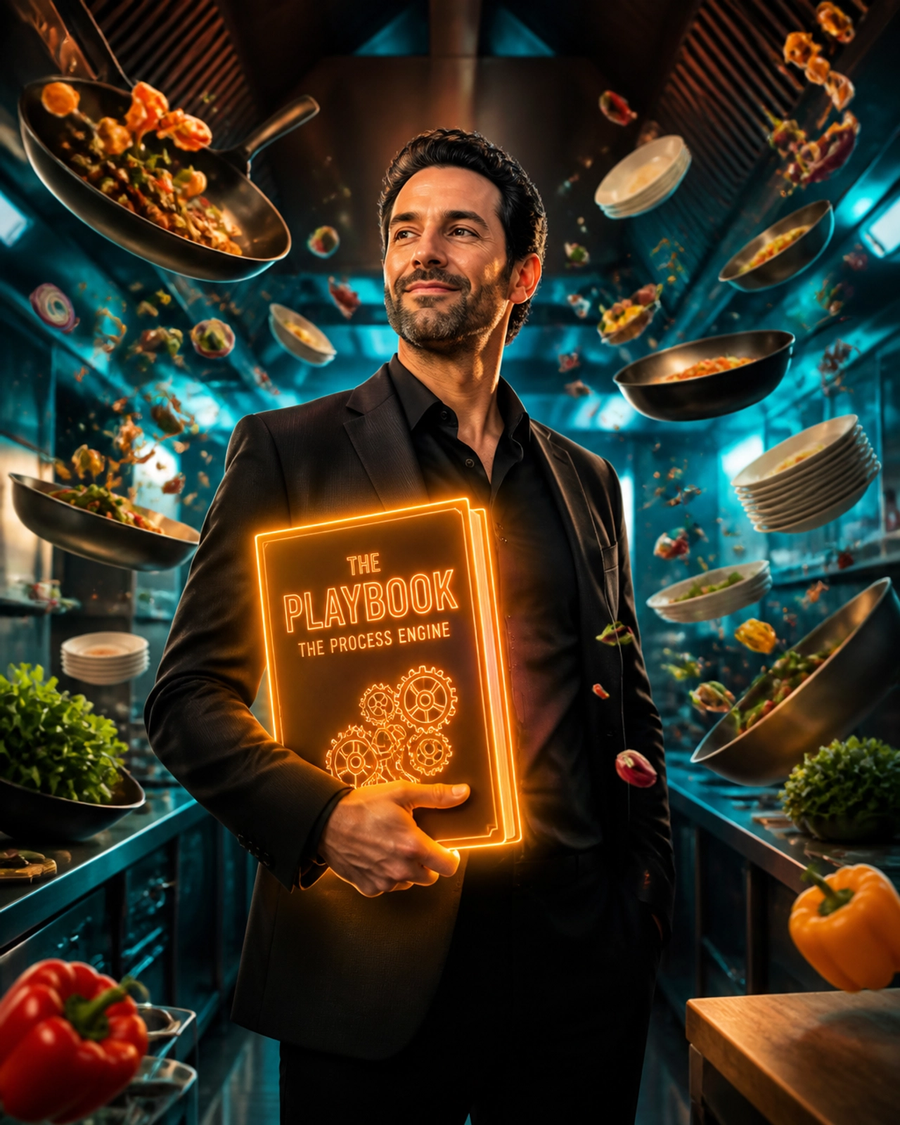 A business owner holding a glowing, neon-lit manual in a perfectly choreographed environment.