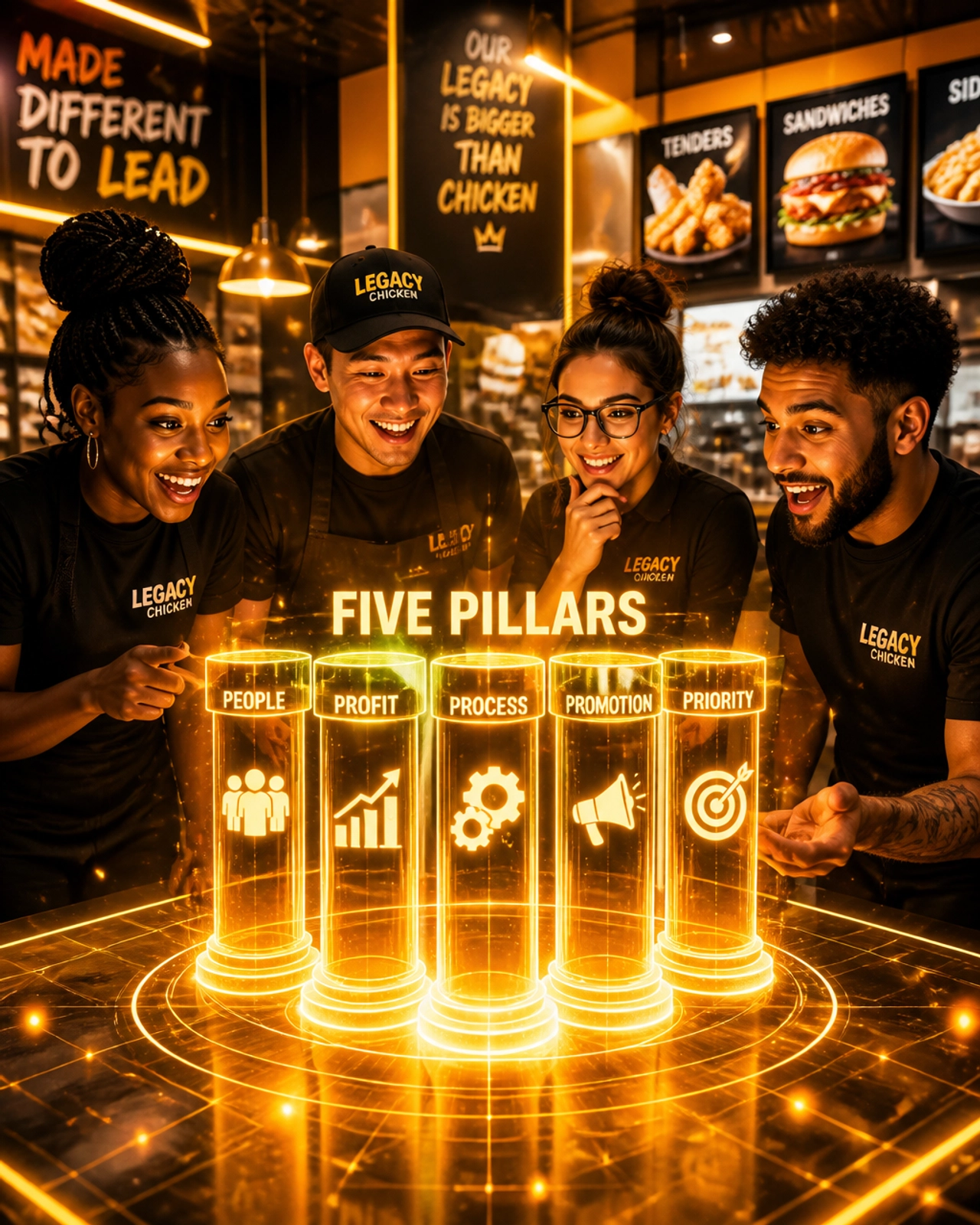 A diverse team looking at a glowing Five Pillars diagram in a vibrant workspace
