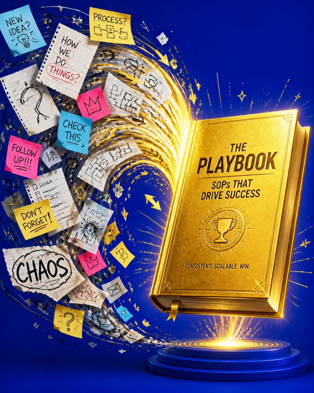 A surrealist, high-energy visual metaphor showing chaotic notes and sticky notes being organized into a glowing, structured