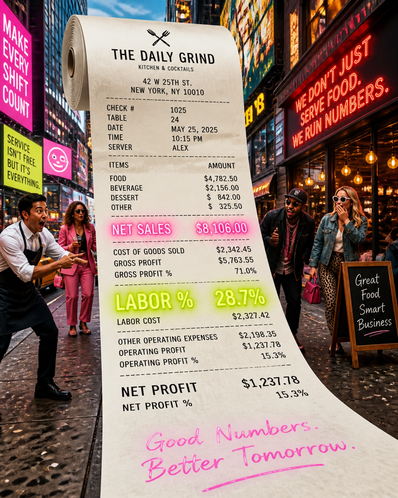 An oversized restaurant receipt with neon-bright financial metrics scrolling down a busy city street