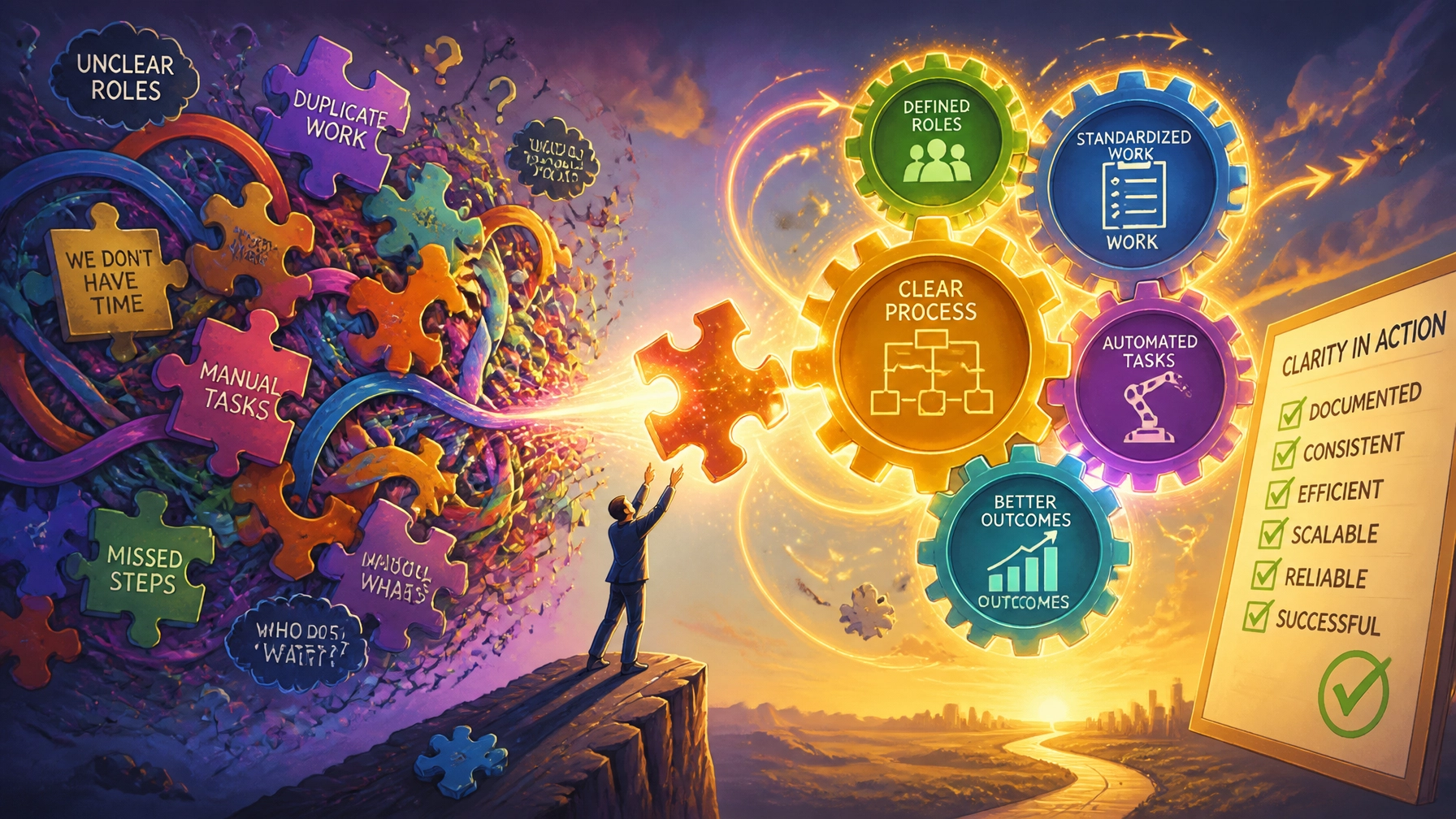 A surreal and colorful editorial illustration of tangled puzzle pieces snapping smoothly into structured, glowing operational gears and checklists