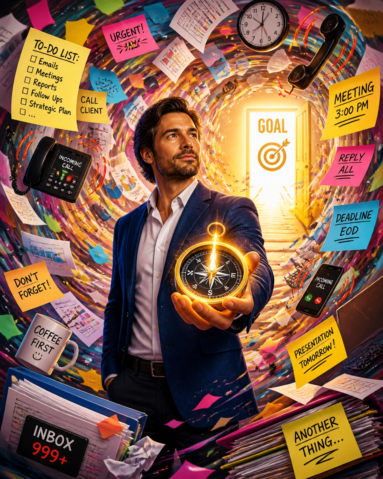 Owner looking through a lens at a clear goal while ignoring office chaos