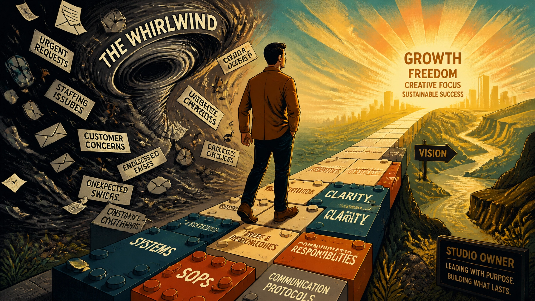 A metaphorical image of a studio owner walking a structured path of systems away from chaos toward clear growth.
